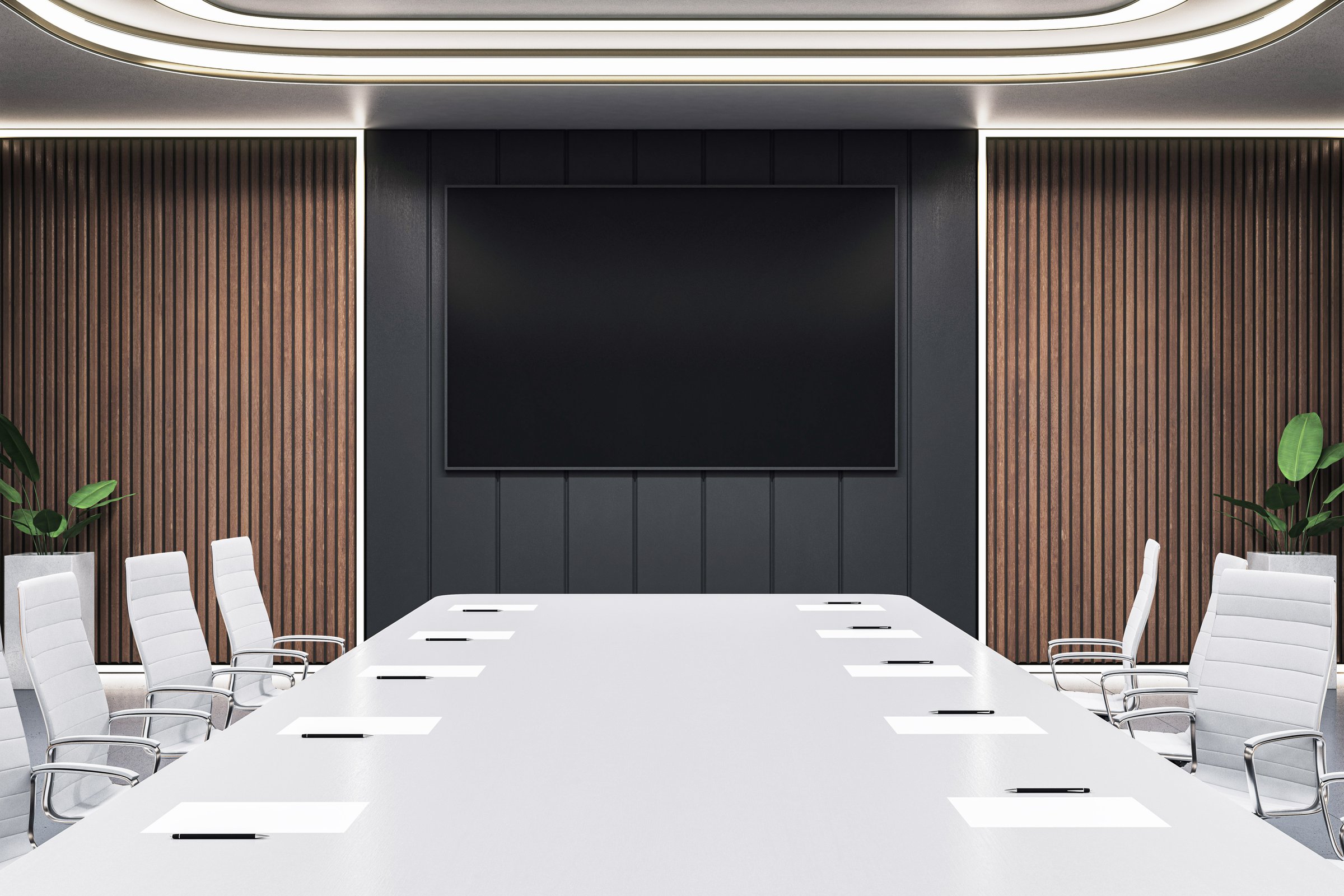 Empty modern conference room with long desk, office chairs, wood wall panels, and large screen on dark background. 3D Rendering
