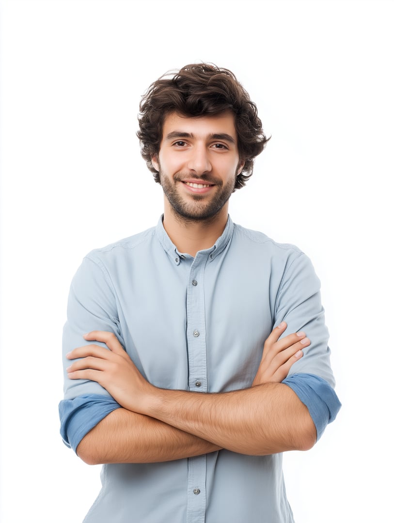 Smiling man with curly hair and a beard, wearing a light blue shirt, stands with arms crossed against a white background.