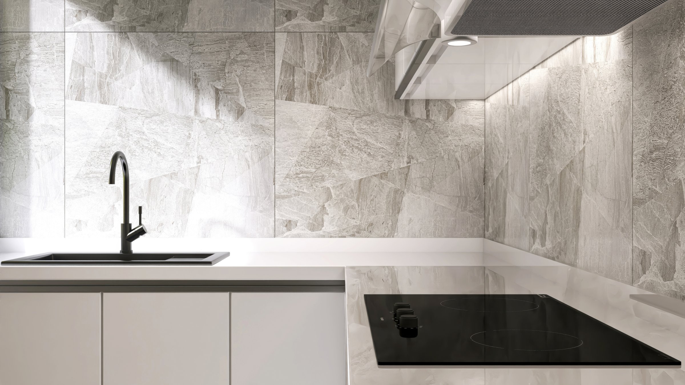 Kitchen cabinet counter with white countertop, induction stove, hood, sink in sunlight on gray stone splash back wall for interior design decoration, cooking, food, kitchenware product background 3D