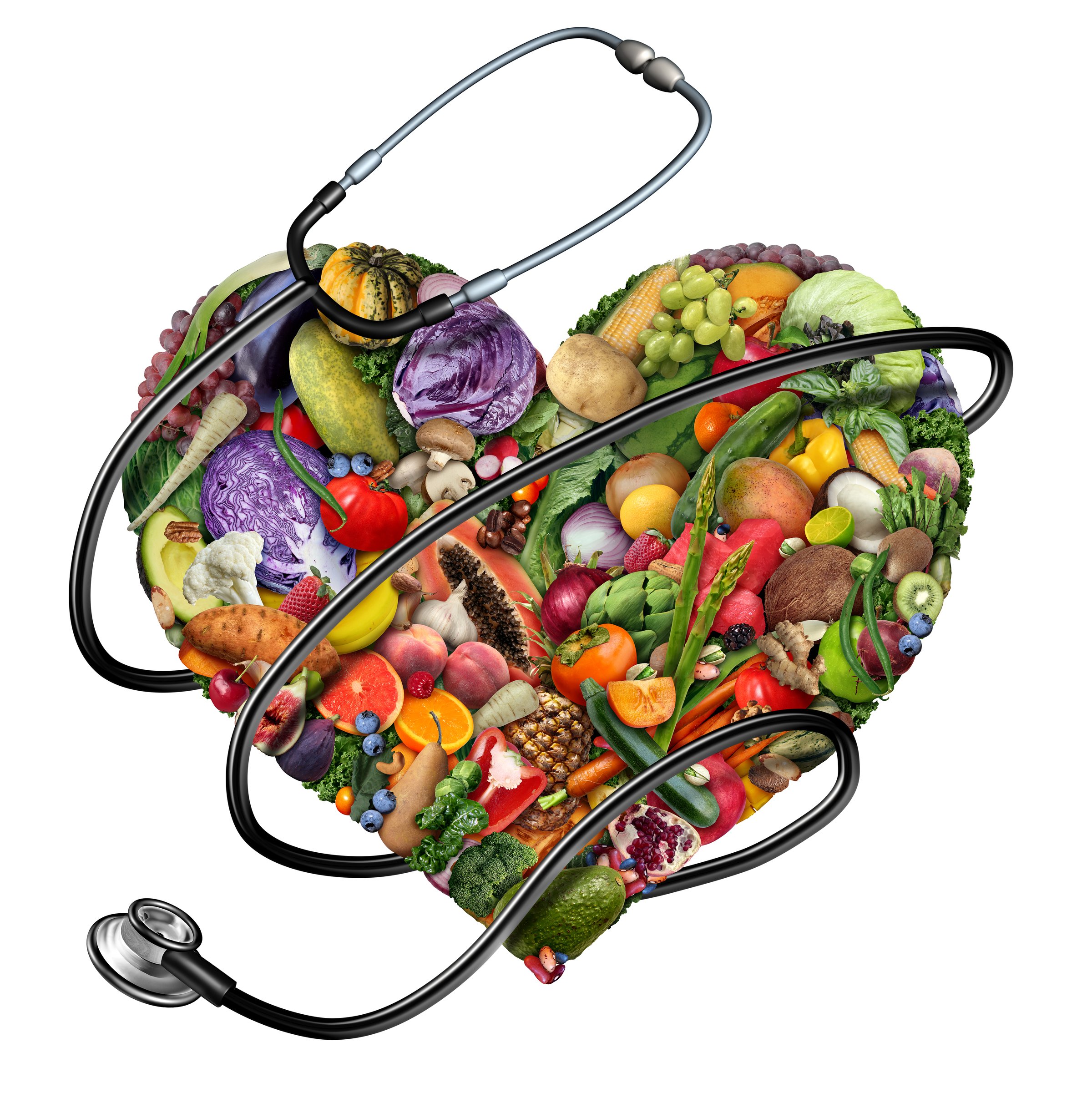 Fruit And Vegetables cut cancer risks as antioxidants that help protect cells from damage lowering the risk of developing many types of cancers as a heart shape and stethoscope.