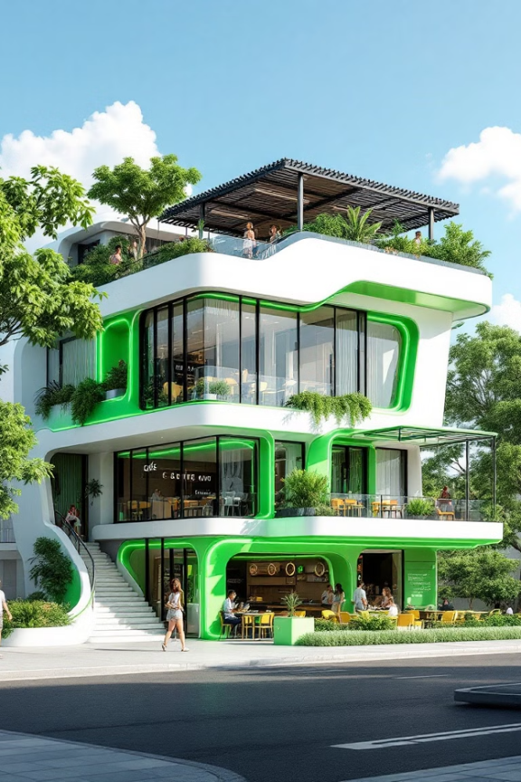 Modern multi-story building with green trim, large windows, terraces, and outdoor seating, surrounded by greenery.