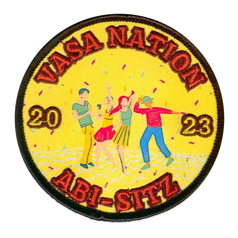 Colorful patch reading Vasa Nation 2023 Abi-Sfitz, depicting three people dancing on a yellow background with confetti.