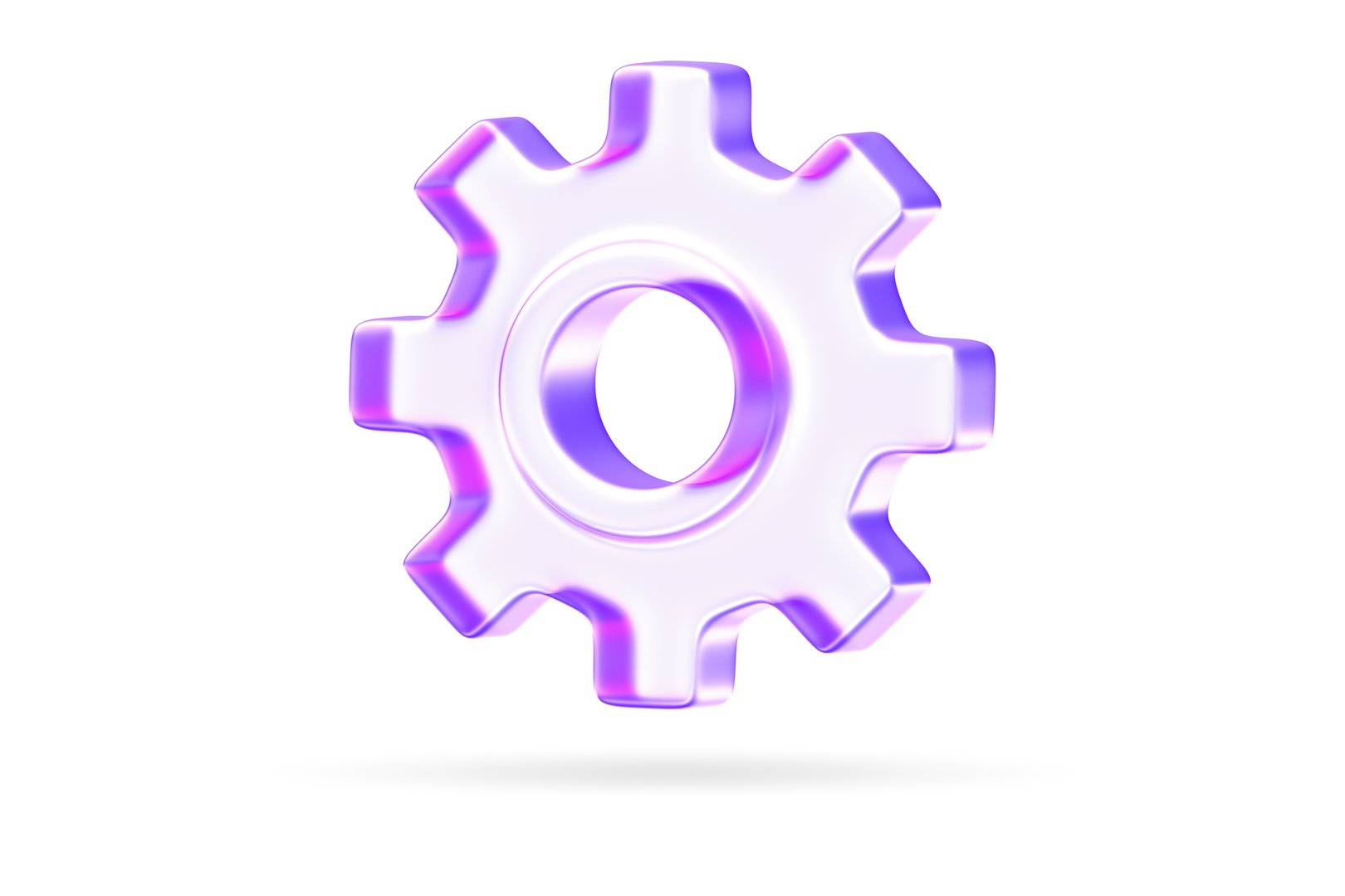 Minimal glassmorphism gear icon representing settings or configuration in modern digital interfaces, purple glass gear cog setting options mechanism, 3d rendering