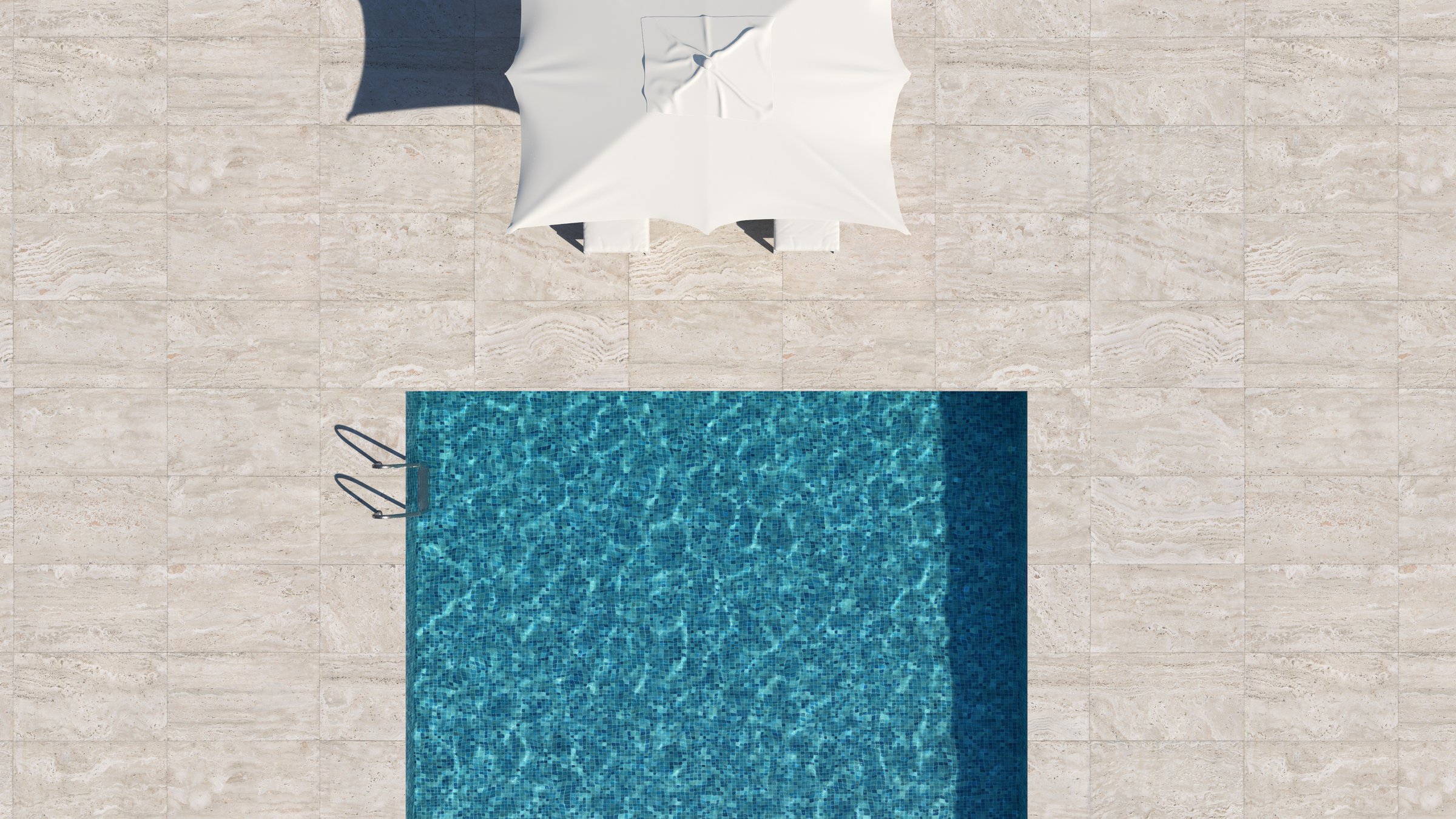 Luxury pool deck at a resort spa featuring blue mosaic water, travertine tiles, and a white umbrella, shown in a top-down layout for architecture, vacation, and tile design marketing.