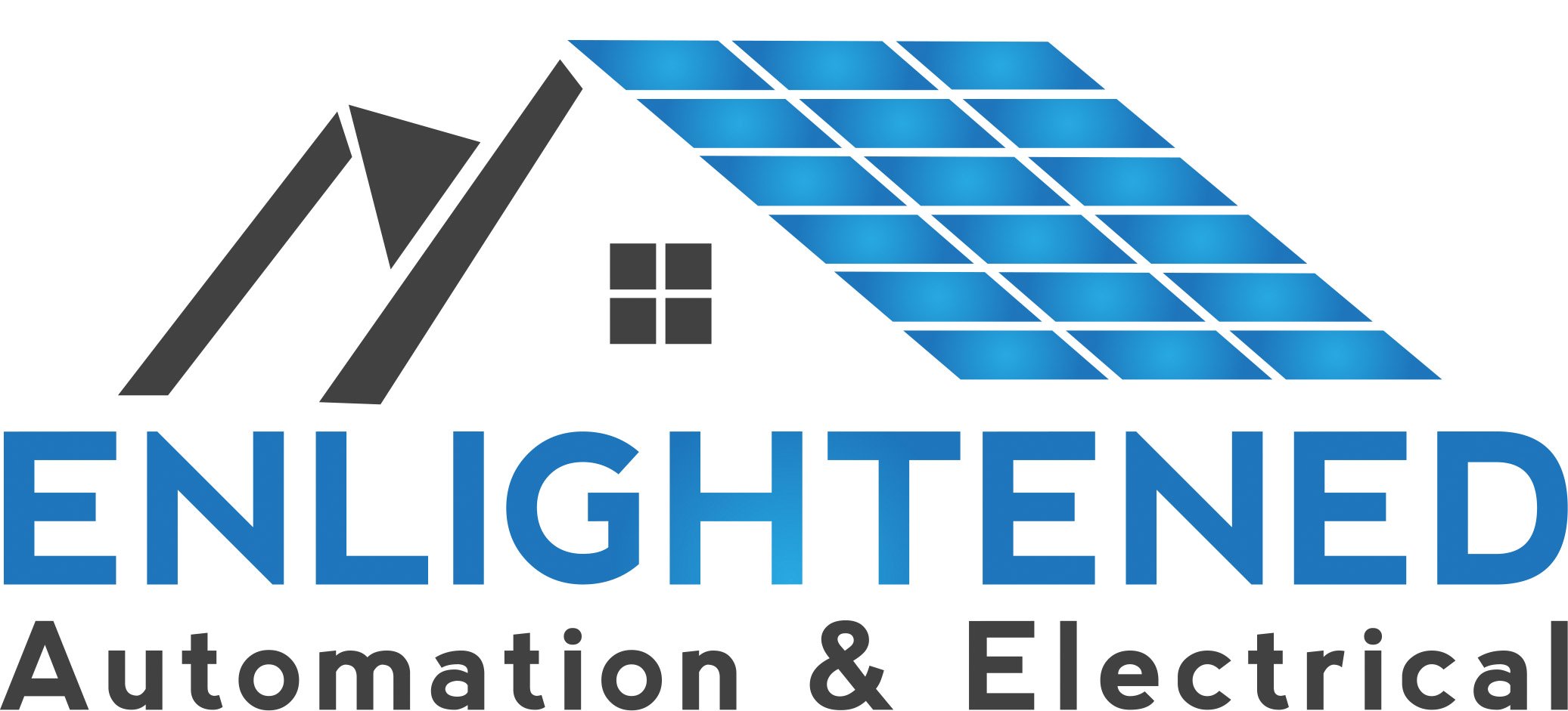 Enlightened Automation &amp; Electrical logo with a house silhouette, solar panel roof design, and blue text.