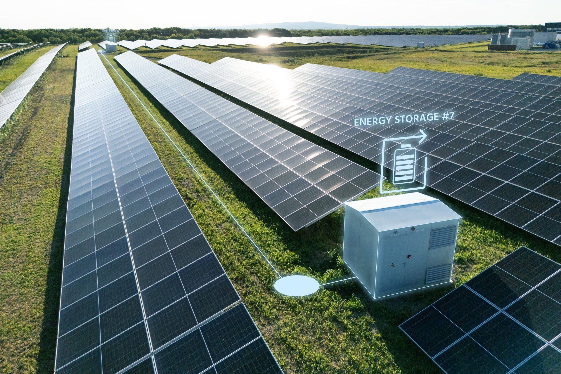Aerial view of solar power station with energy storage