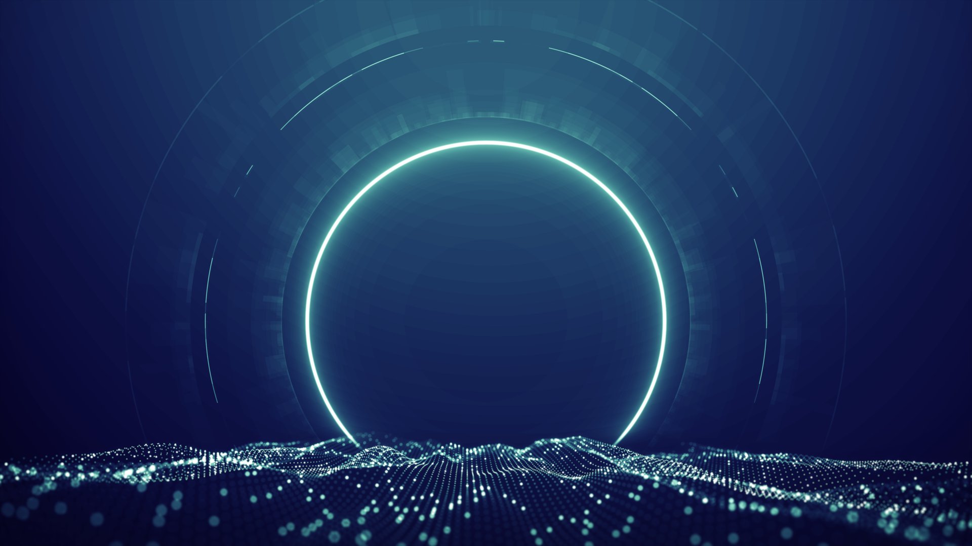 Abstract Digital Background with digital particle wave  on glowing neon circle and HUD background. Symbolizing network data flow and technology concept.