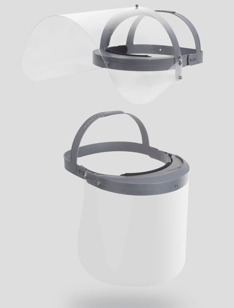 Two transparent face shields with gray headbands, shown in exploded and assembled views against a light gray background.