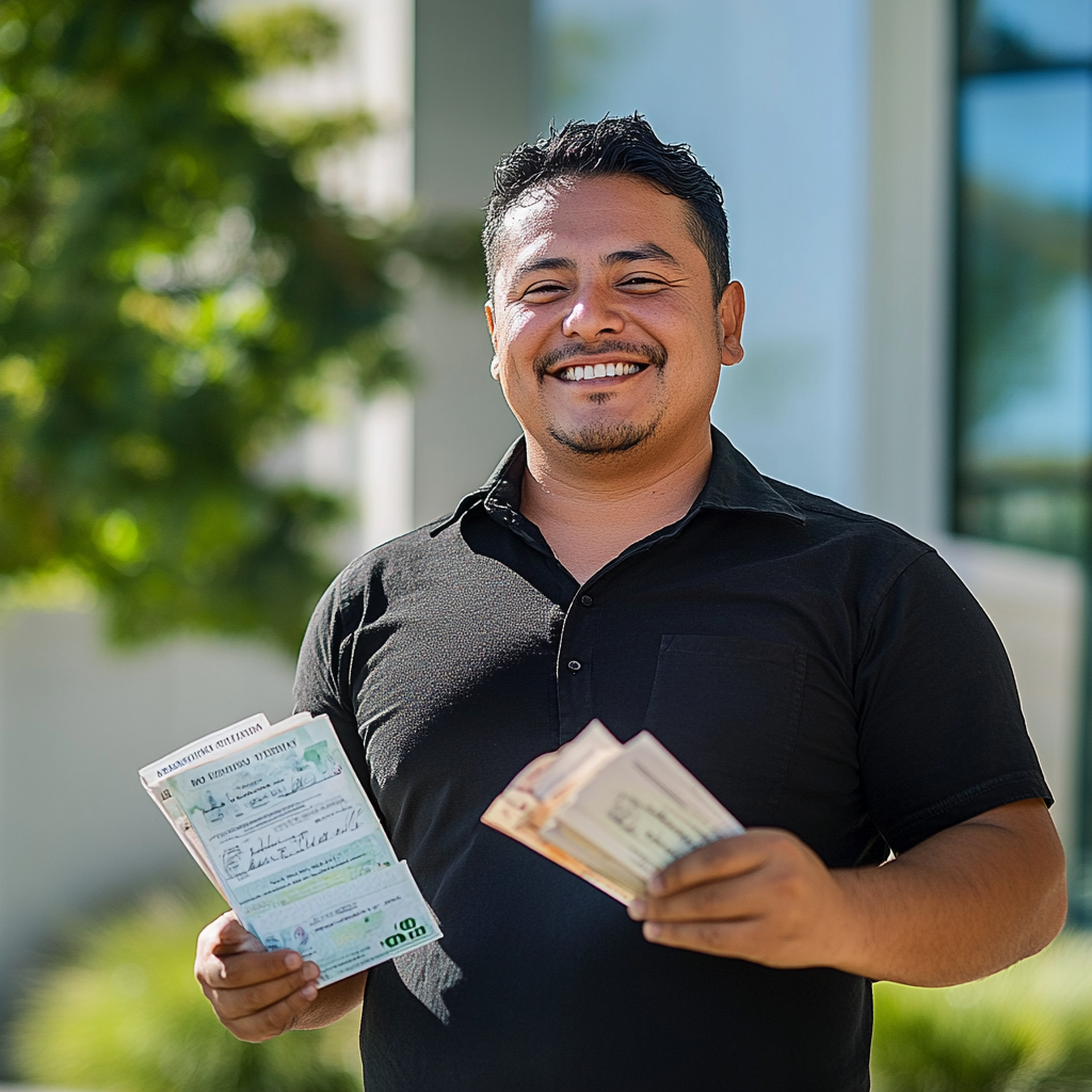 Smiling man holding cash and job offer papers outdoors in a sunny setting.
