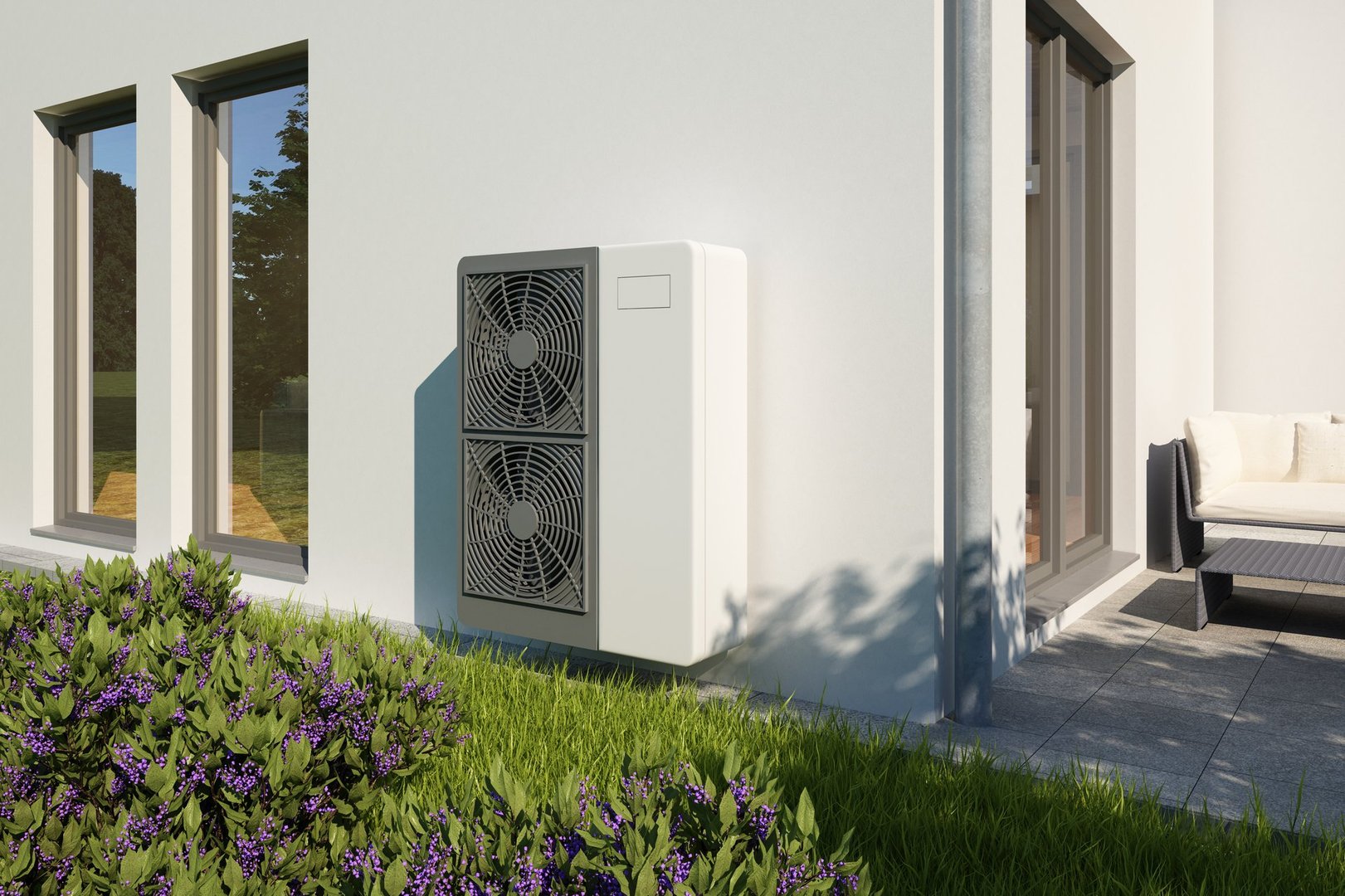 3d rendering of a house corner with air water heat pump