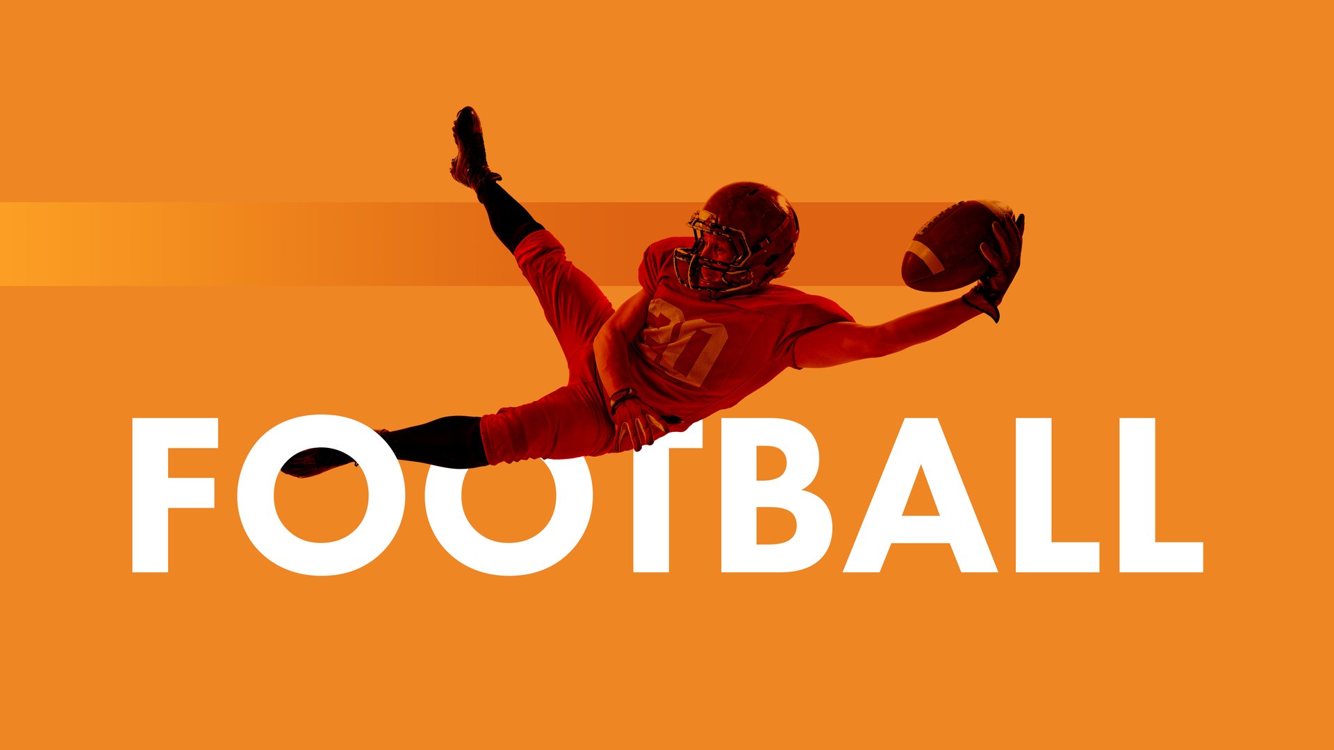 Man in red uniform and helmet, American football player in motion, catching ball against bright orange background. Creative colorful collage. Concept of sport, game, competition. Banner, poster, ad