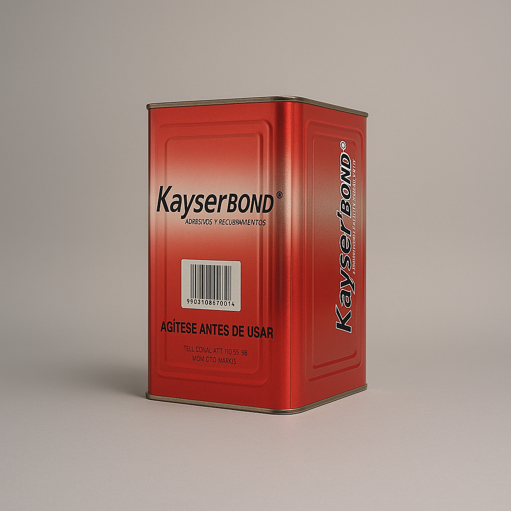Red rectangular can labeled KayserBOND with a barcode and Spanish instructions to shake before use.