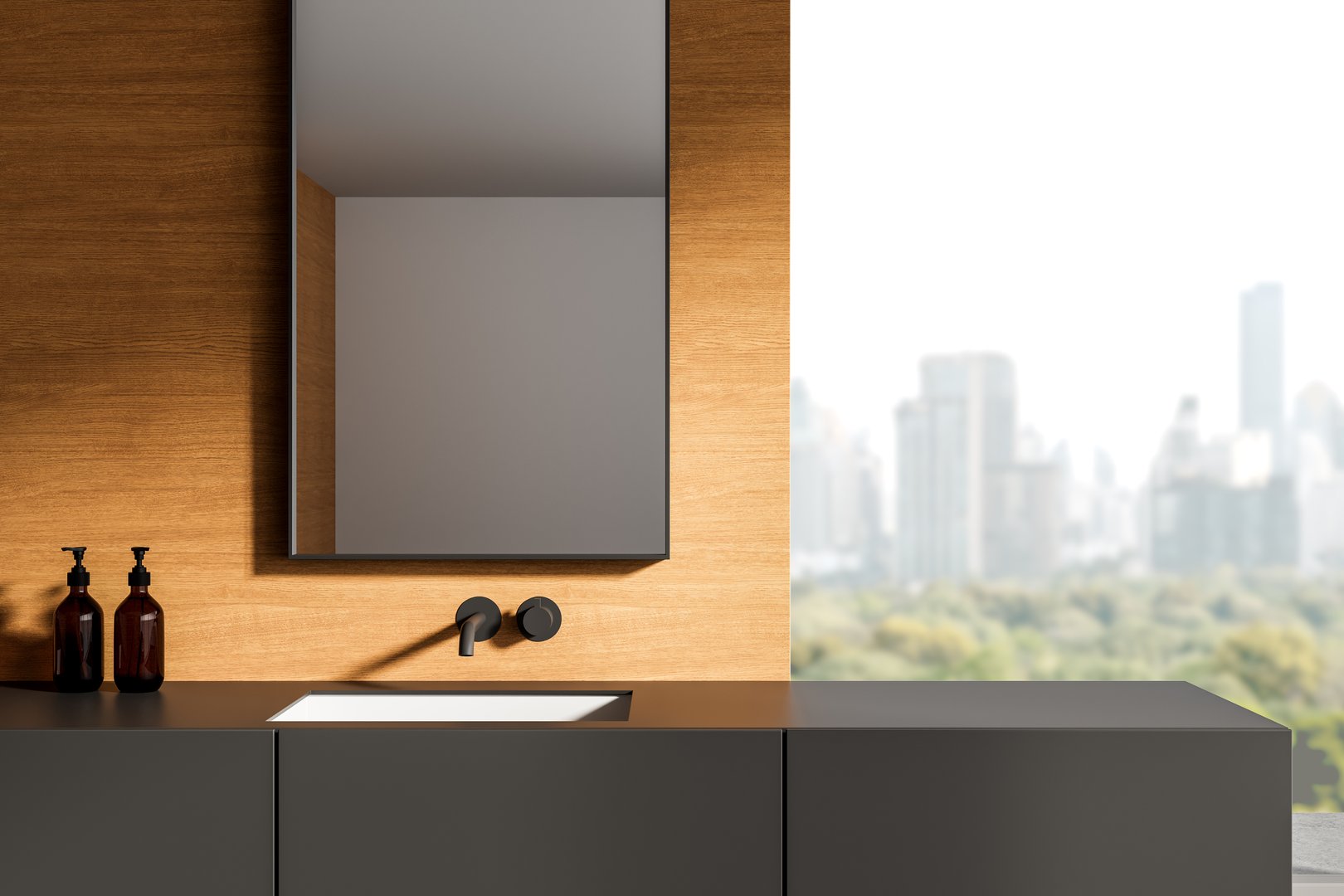 Minimalist bathroom interior design featuring matte sink fixtures, wood textured wall, and large mirror. 3D Rendering on bright cityscape background