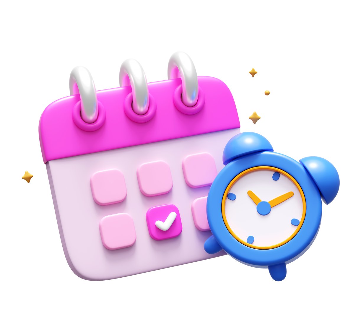 A vibrant 3D illustration of a pink calendar with a checkmark and a blue alarm clock. Perfect for representing scheduling, time management, deadlines, or reminders in business, education, and personal planning contexts. Ideal for use in websites, apps, or presentations.
