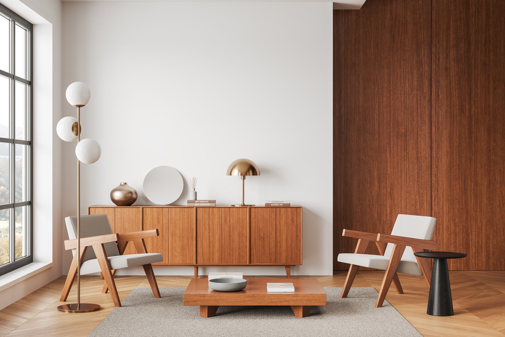 Modern living room with wooden chairs, a sideboard, and a coffee table. Soft lighting, white walls, large window, cozy ambiance. 3D Rendering