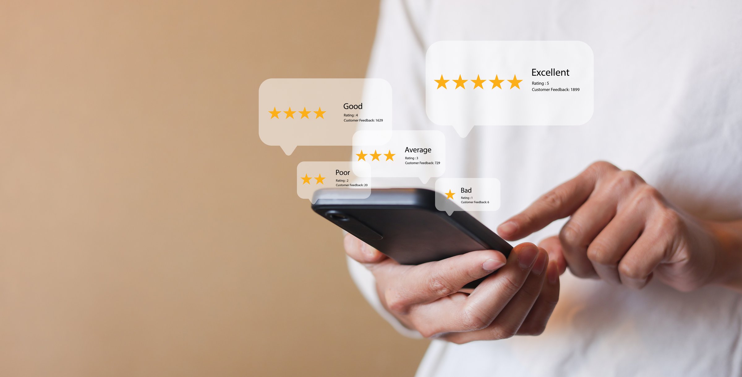 close up young man and hold smartphone and read review online website page about service and experience with many feedback and ranking score from customer for business quality and evaluation concept