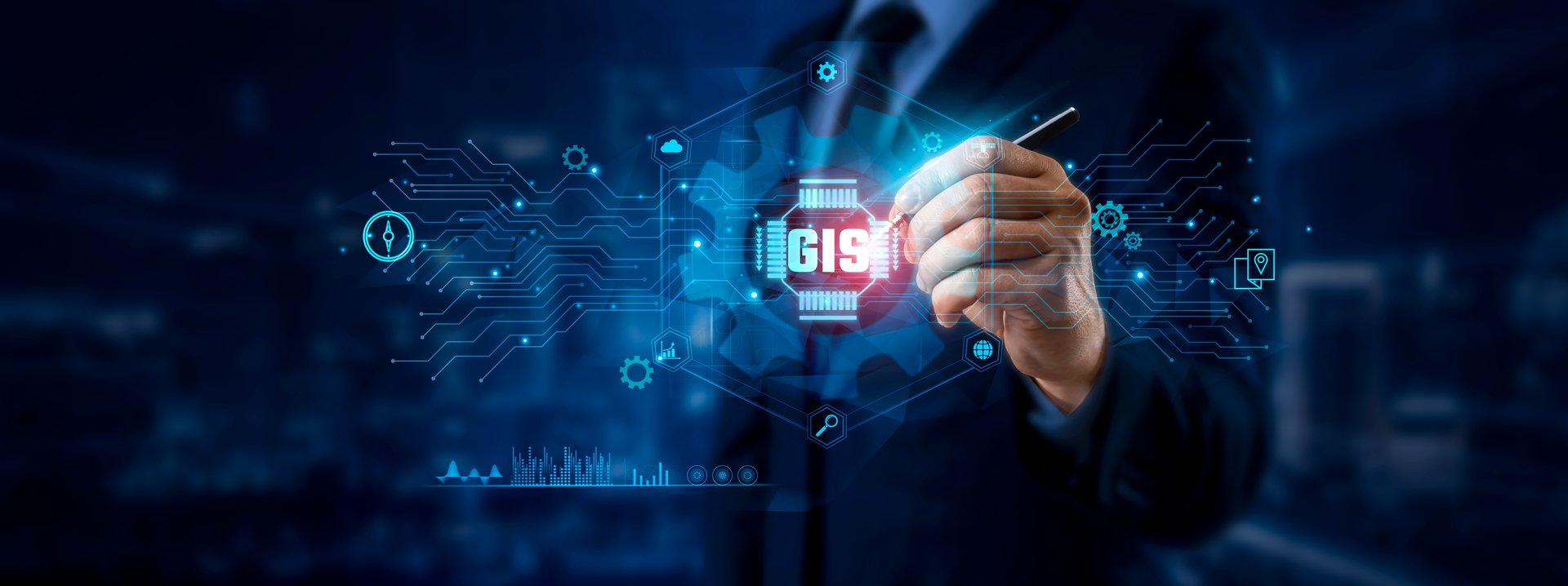 GIS Concept. Businessman Pointing to Geographic Information System (GIS) Icon and Data for Global Spatial Network on Graphic Interface. Mapping, Location Intelligence, Technology.