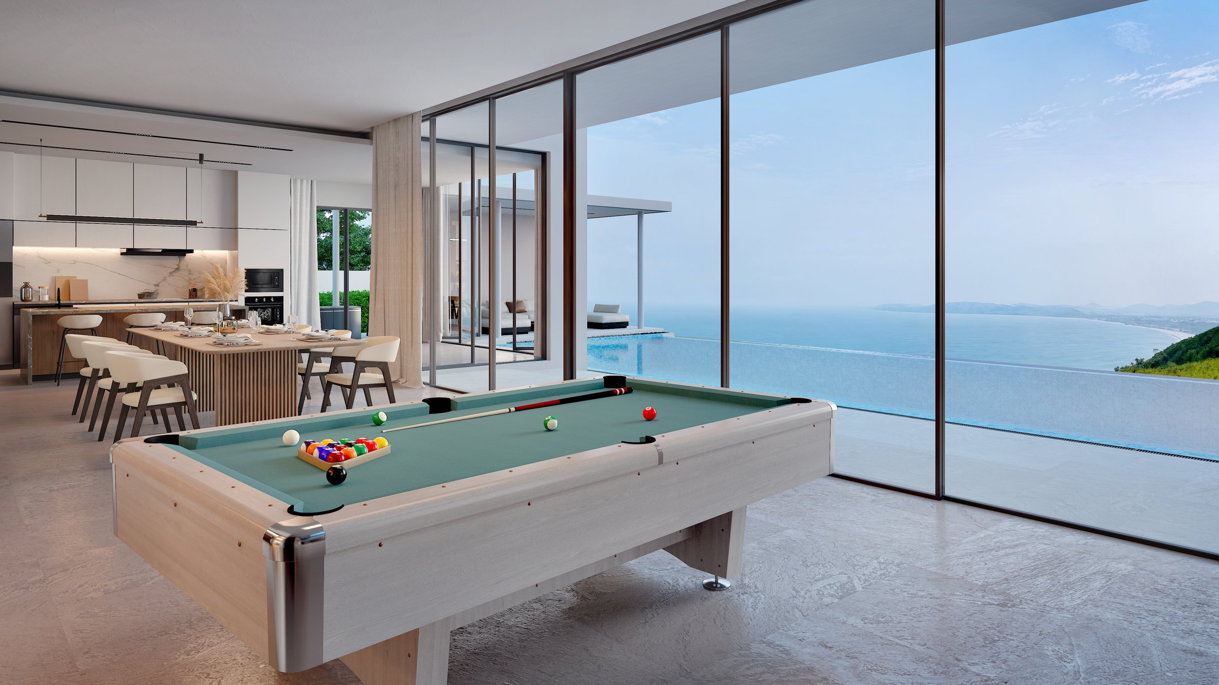 Pool table in luxury beach house with swimming pool and sea view.3d rendering