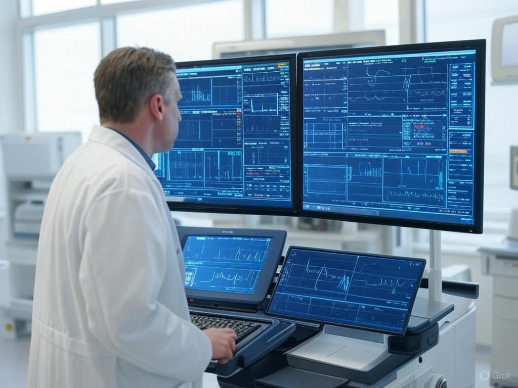 A scientist in a lab coat analyzing data on multiple computer screens displaying complex charts and graphs in a laboratory setting.