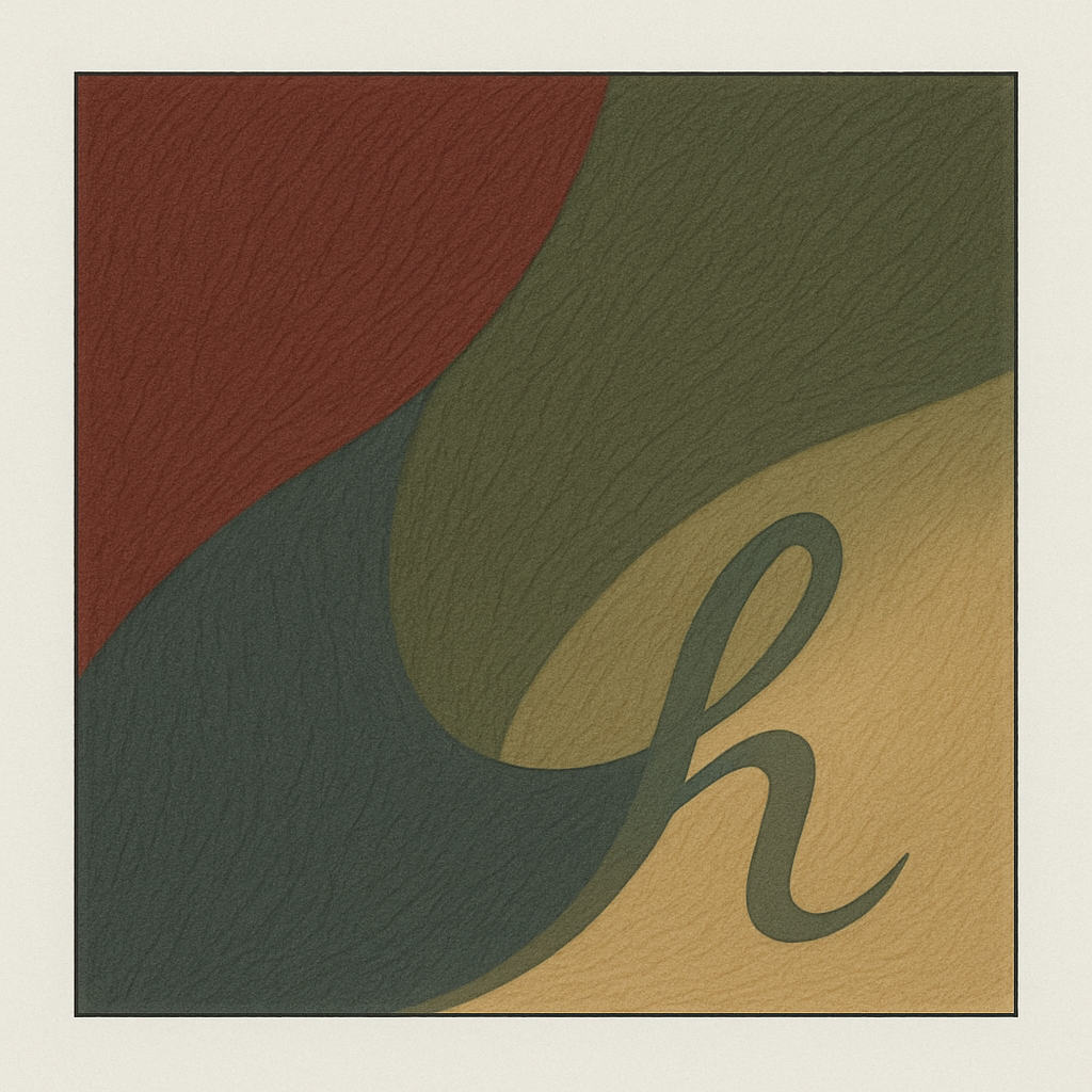 Abstract art with wavy shapes in red, green, and tan hues, featuring a stylized lowercase h in the lower right corner.
