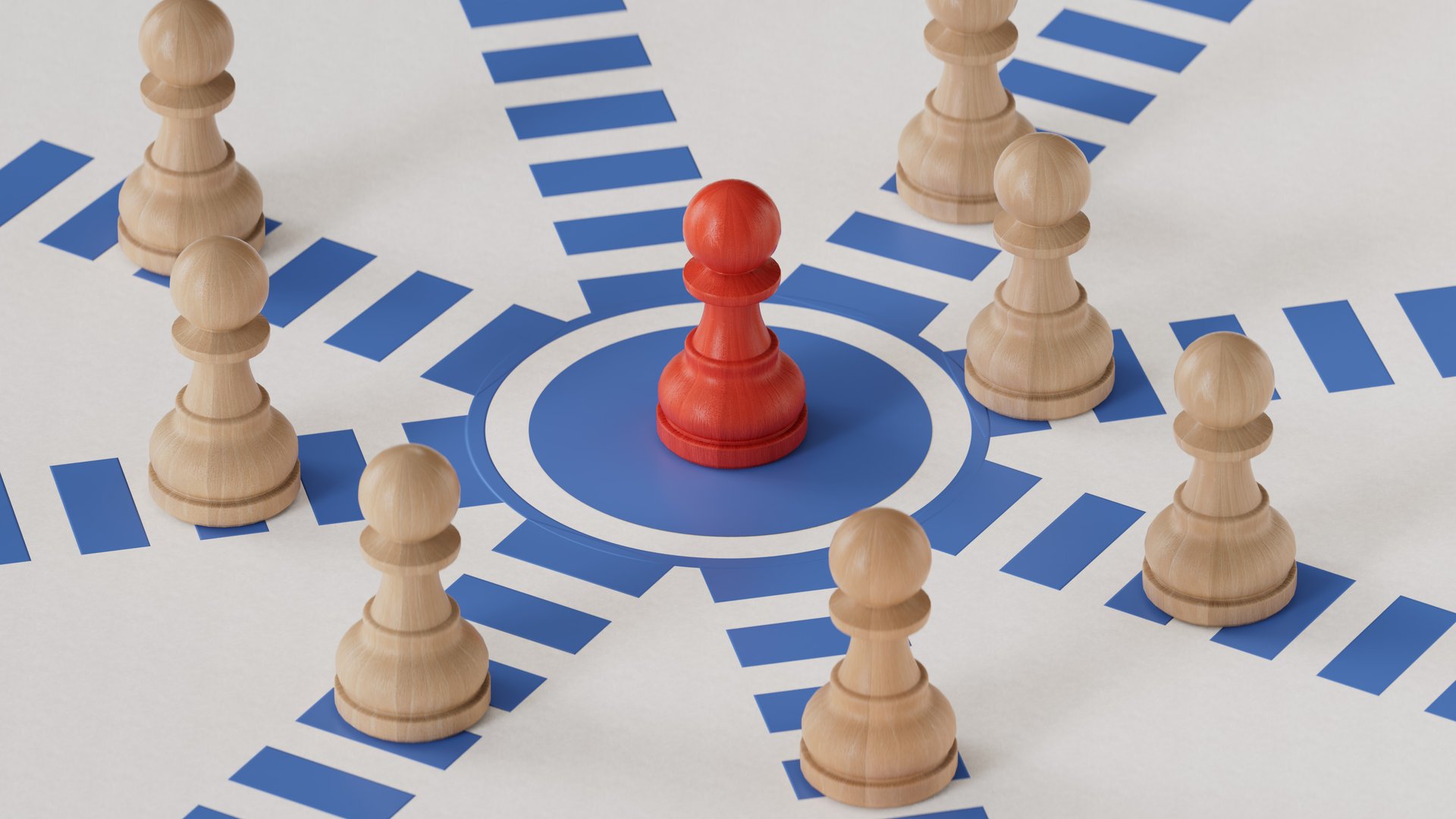 3D illustration of pawns with the red one achieving success. Successful job applicant concept.3D rendering on white background.