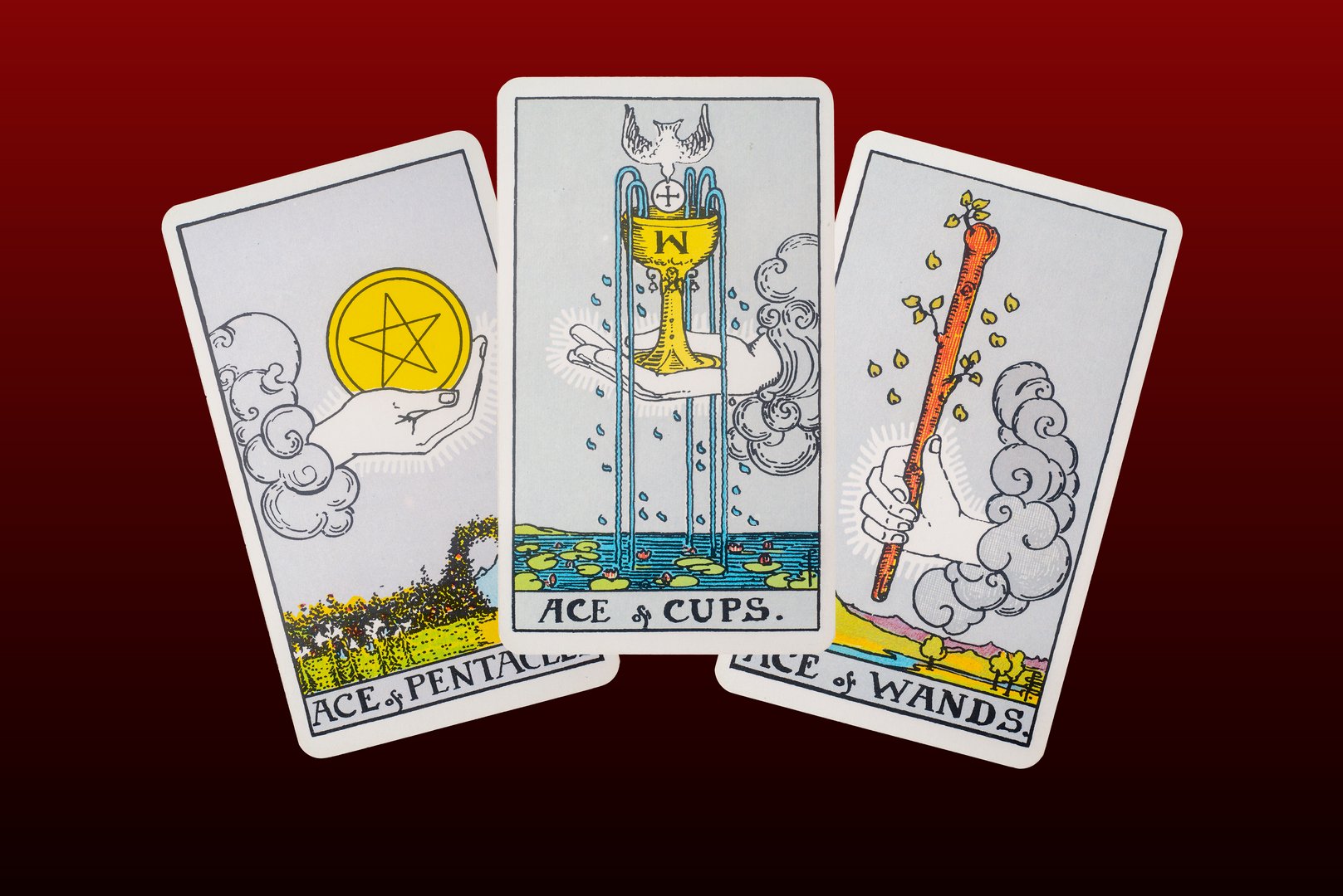 Yala Province, Thailand December 13, 2024. illustrative editorial tarot cards. Ace of pentacles, Ace of cups, Ace of wands