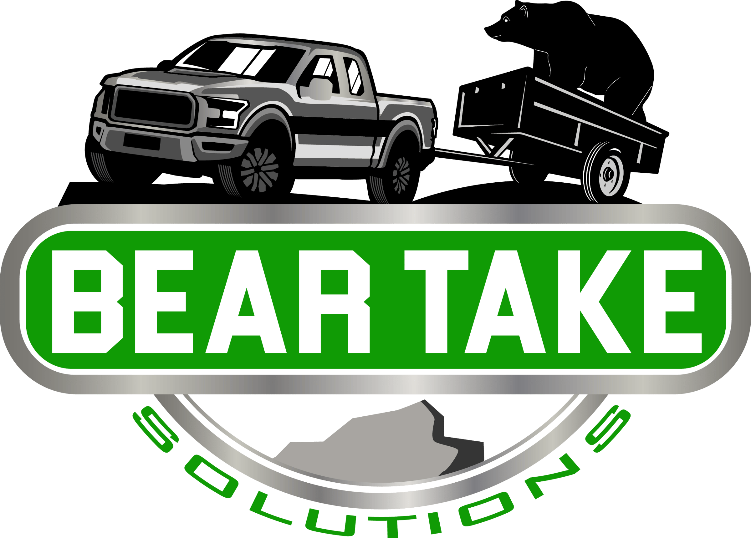 Logo featuring a truck towing a trailer with the text Bear Take Solutions on a green and silver banner.
