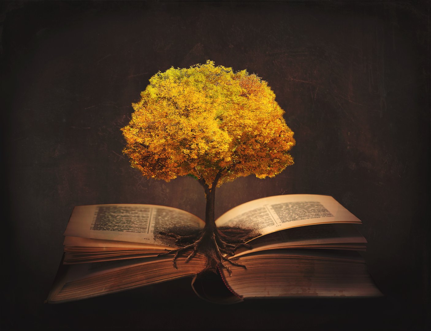 Book of life, knowledge, wisdom - old tree and its roots on open pages of a magic book;