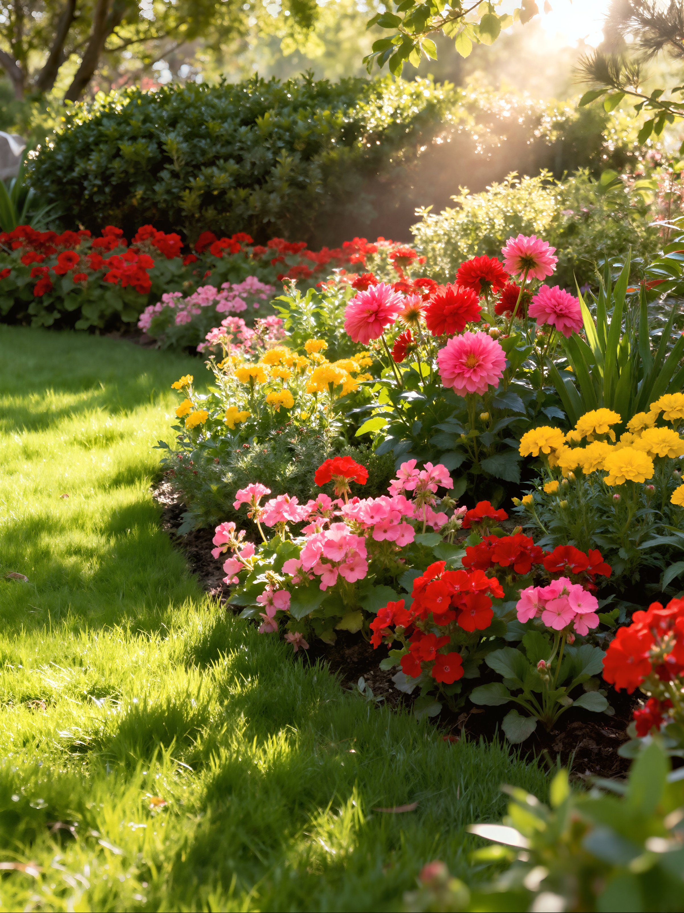 Vibrant flower bed with red, pink, and yellow blossoms