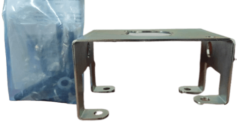 Metal bracket with mounting holes and a bag of screws and washers in the background, used for installation purposes.