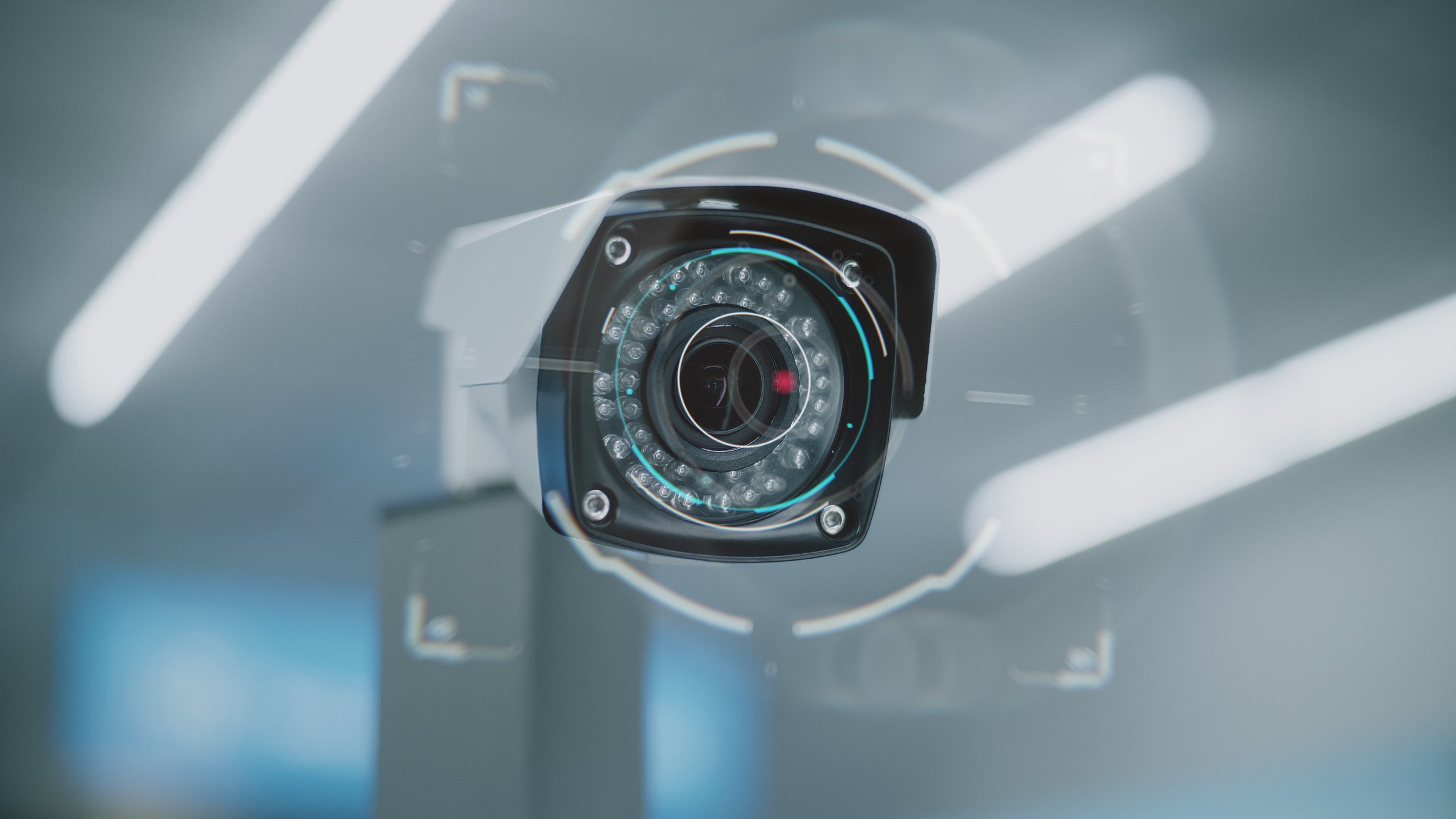 Advanced Airport Security System: Close Up of Big Data Analyzing CCTV Camera with AI Recognition Technology