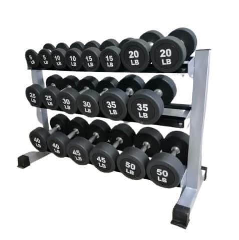 A three-tier dumbbell rack holding pairs of dumbbells ranging from 5 to 50 pounds, organized by weight.