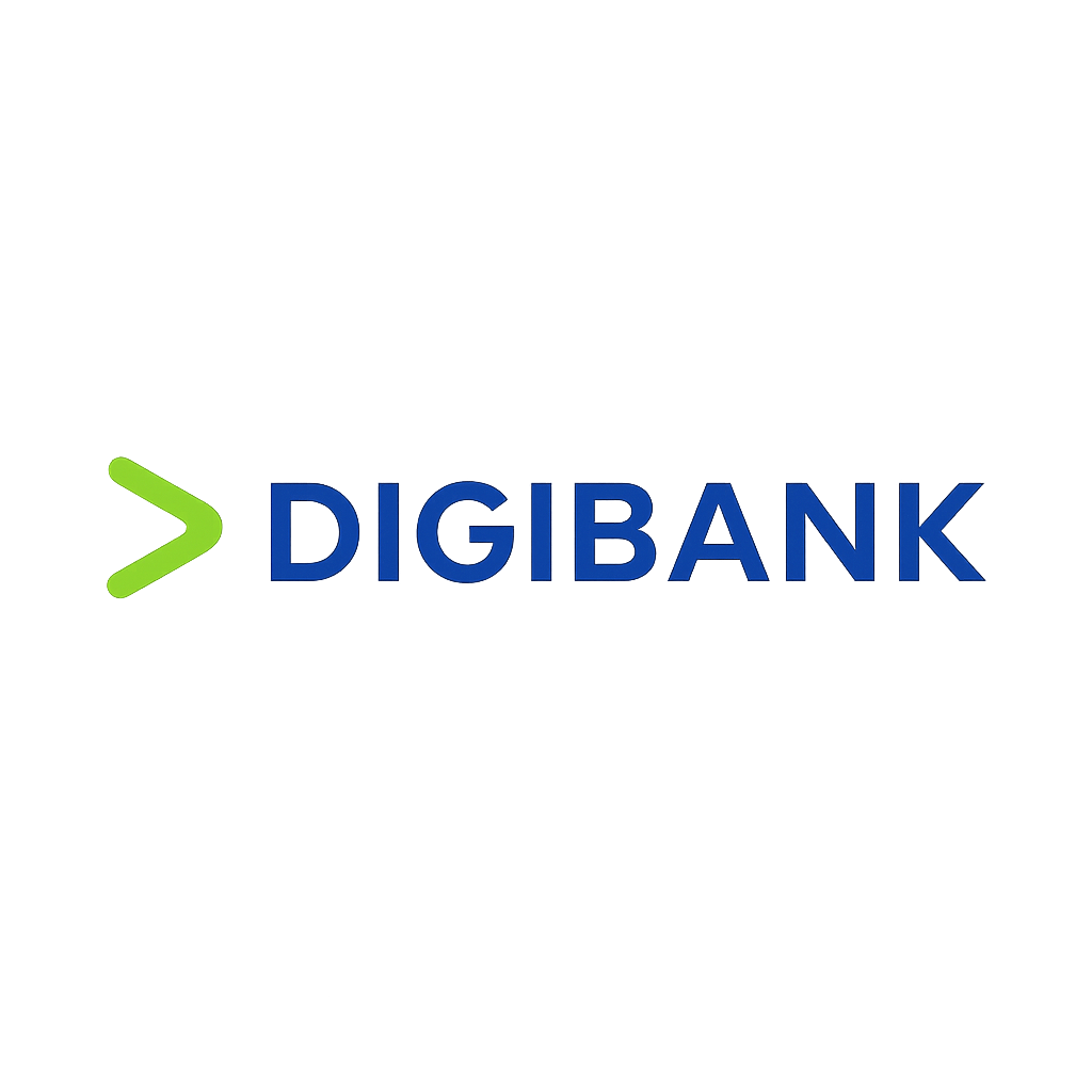 Logo with green arrow pointing left and blue text DIGIBANK on a gray background.