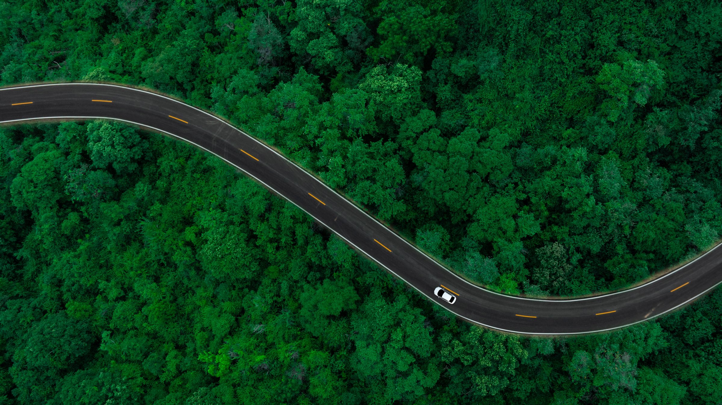 Aerial view of dark green forest road and white electric car Natural landscape and elevated roads Adventure travel and transportation and environmental protection concept