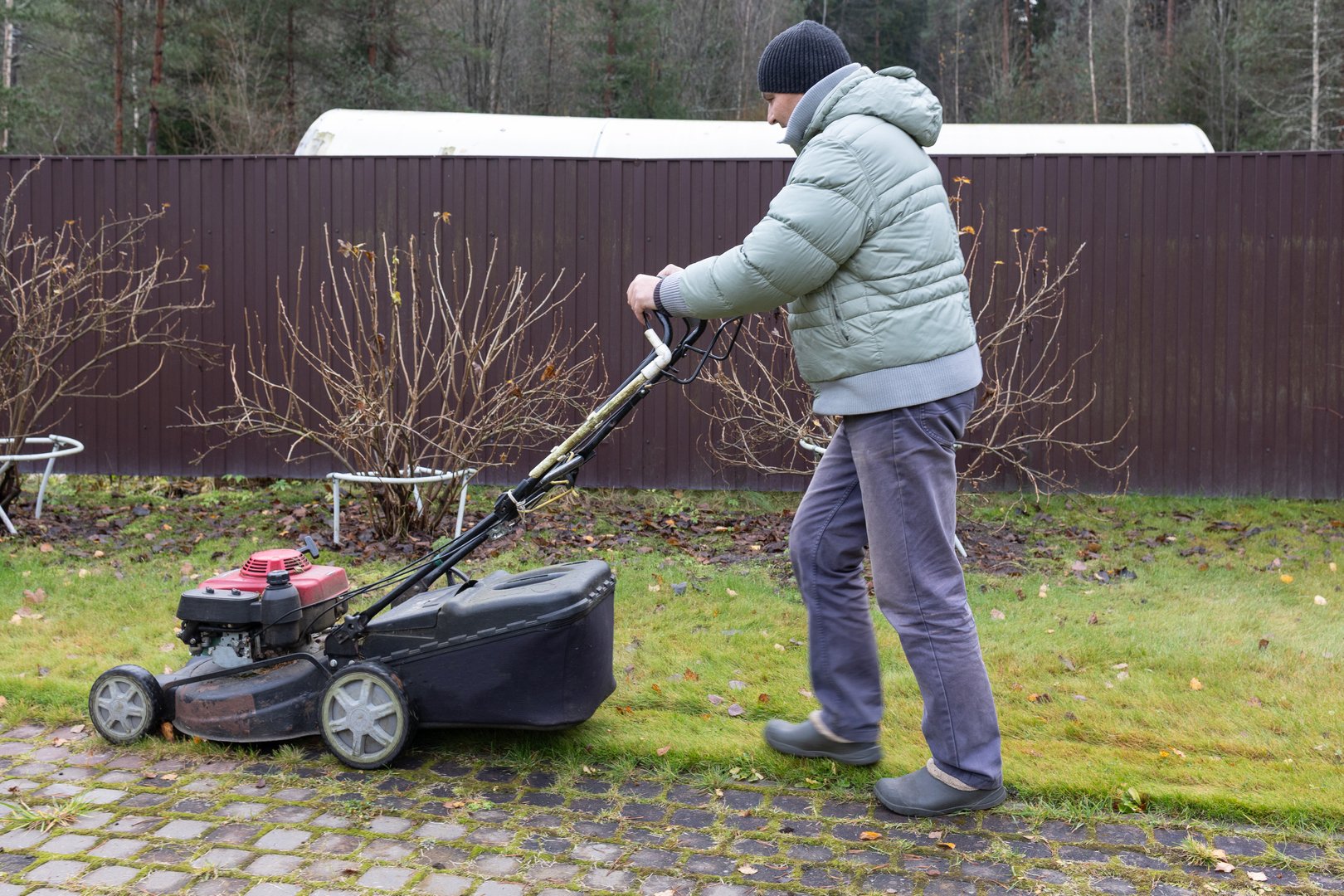 Man mows lawn with red lawnmower in front of house, greenery around, overcast day. Garden maintenance task in overcast day
