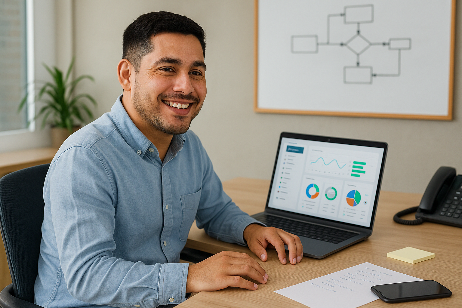 Smiling man at desk with laptop displaying graphs, paper notes, and a phone. Office setting with a plant and whiteboard.