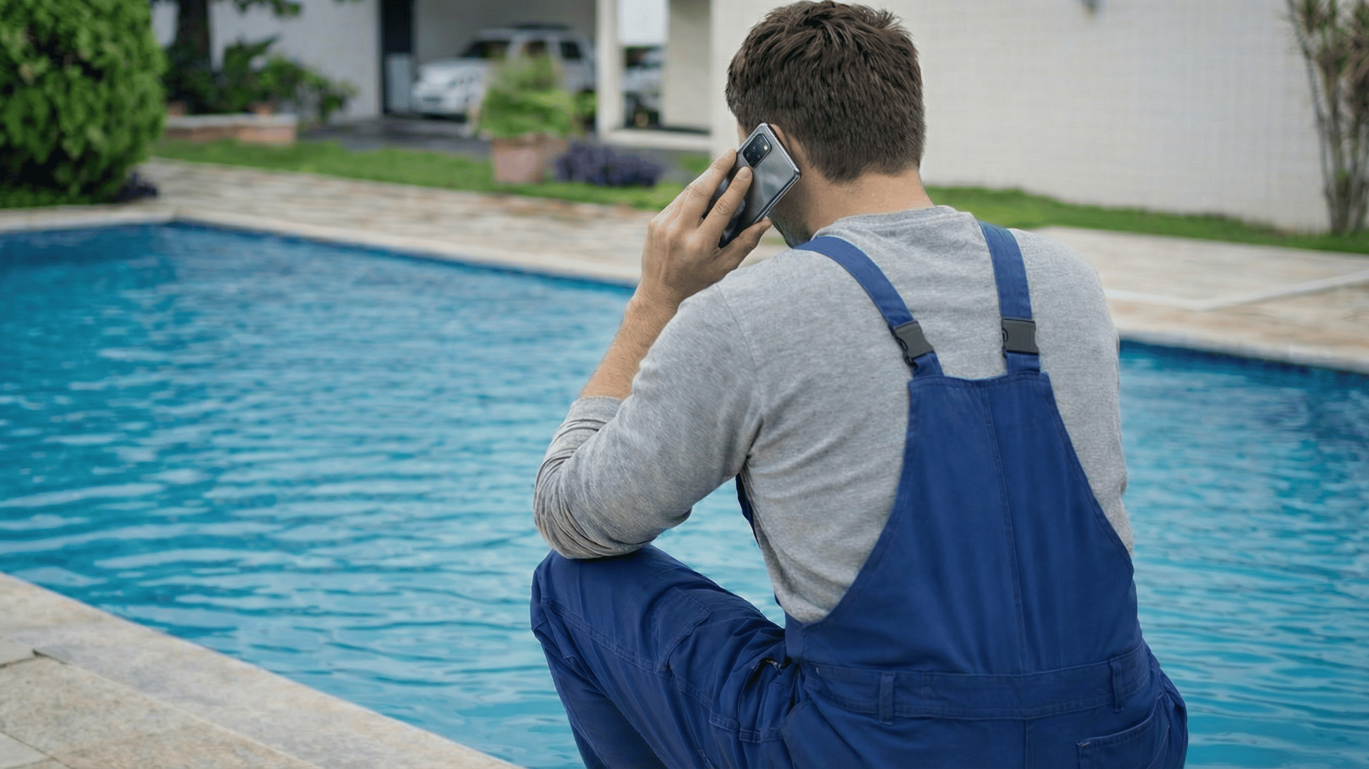 Professional pool technician working at a residential pool