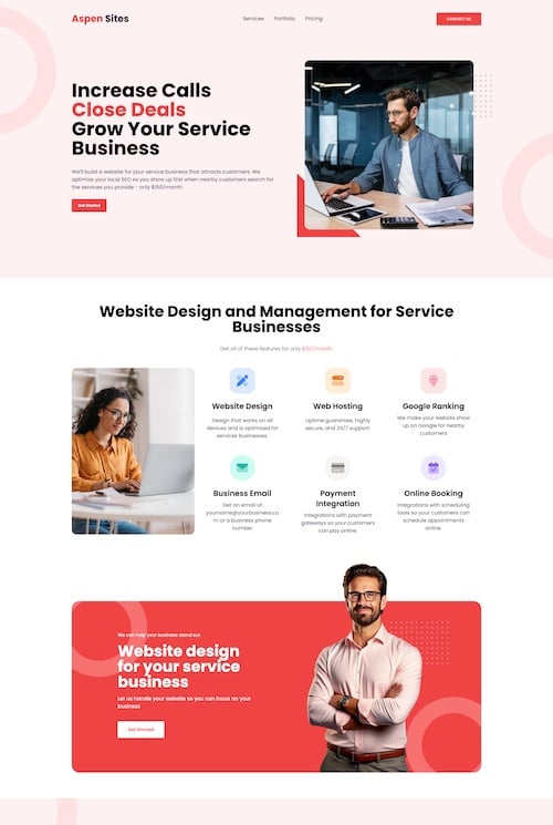 Web design service webpage featuring business professionals, service list, and call-to-action for contacting support.
