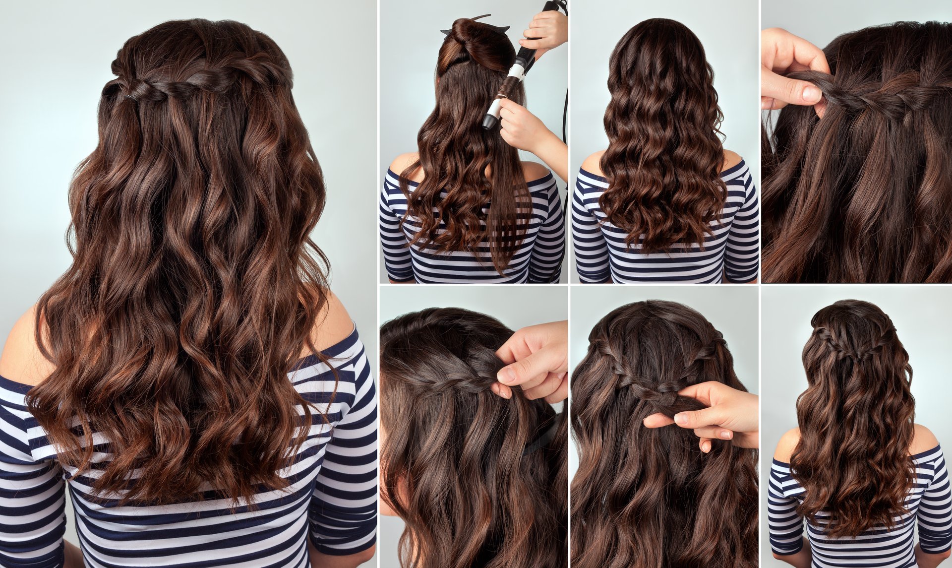 hairdo Ñascade braid on curly hair tutorial. Hairstyle for long hair. Sea style