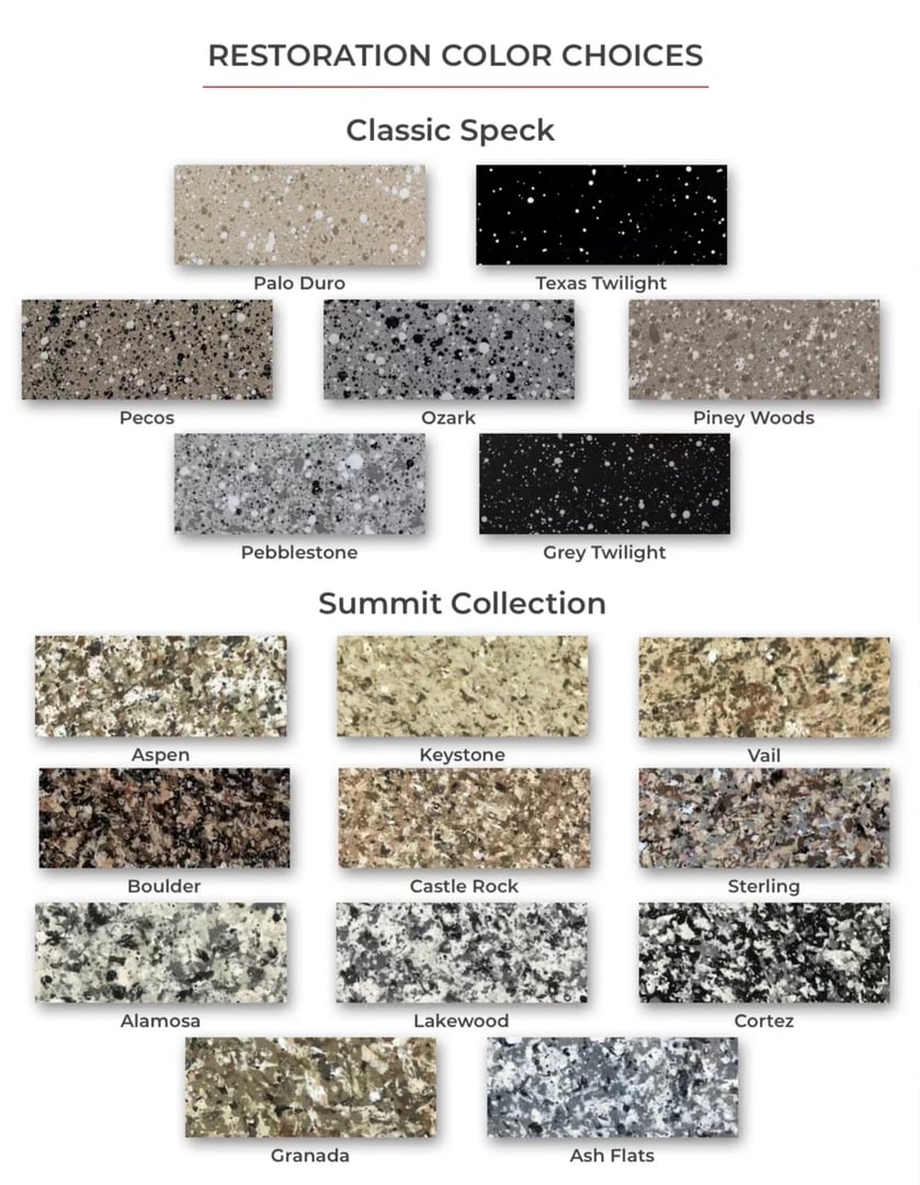 Available color choices for countertop and cabinet resurfacing