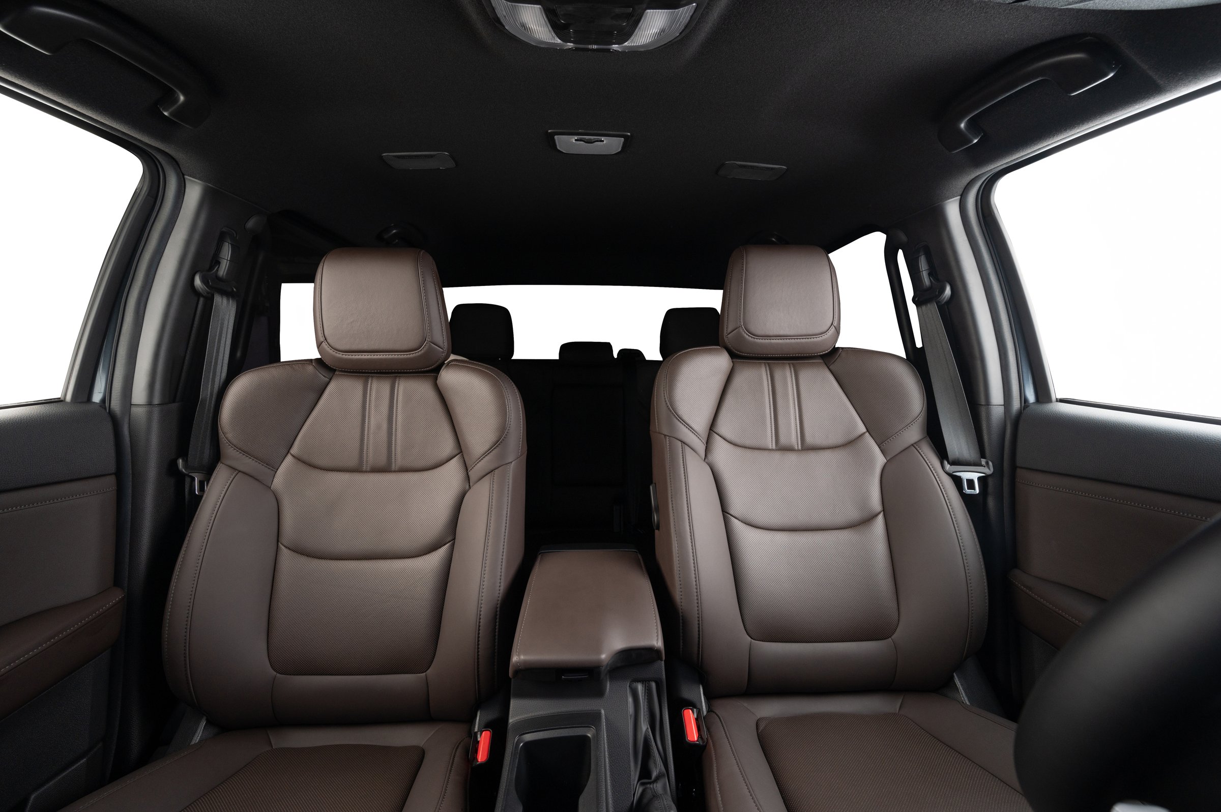 Modern car leather interior with black roof and white isolated windows