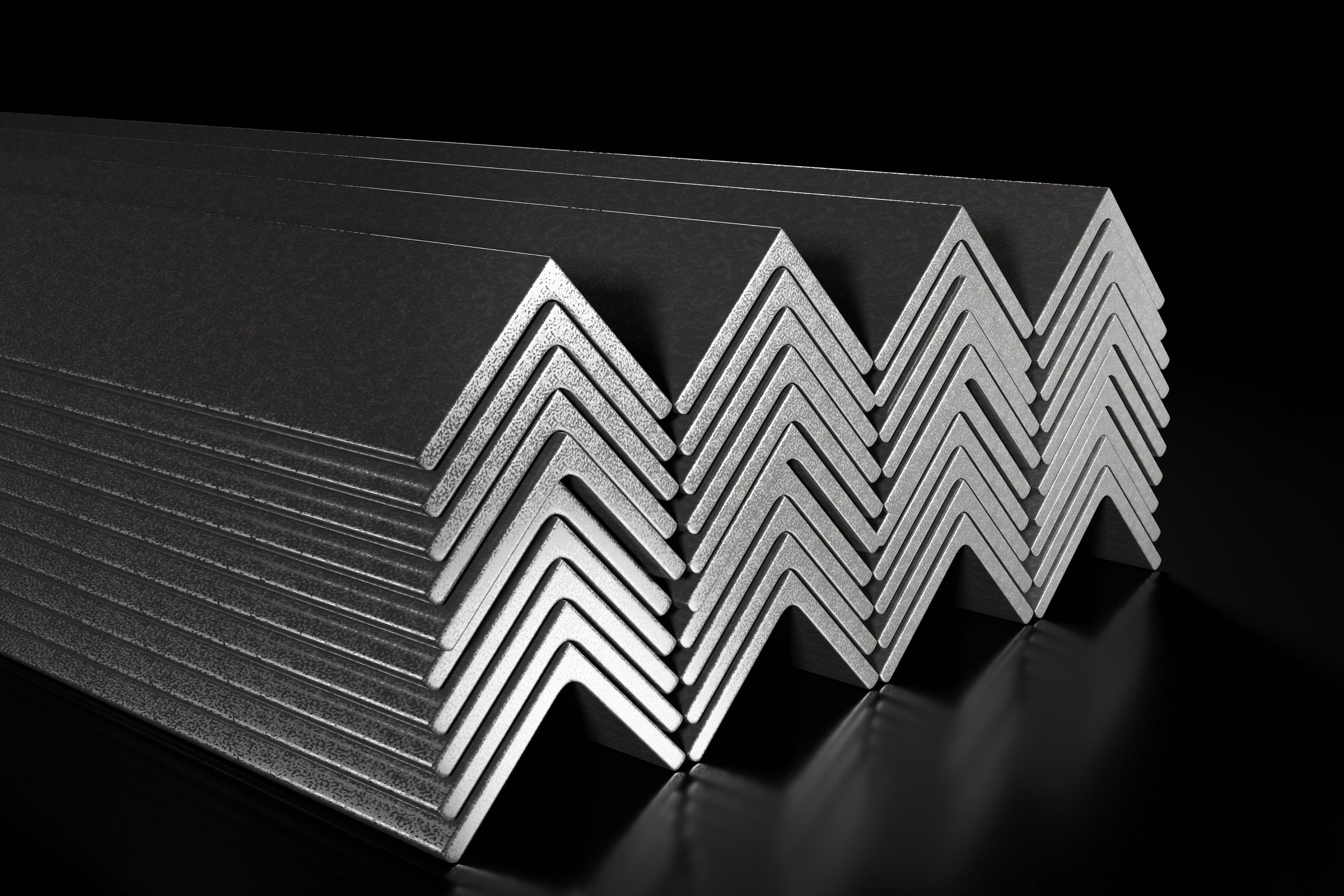 The metal angle profile in a bundle on black background. 3d illustration.