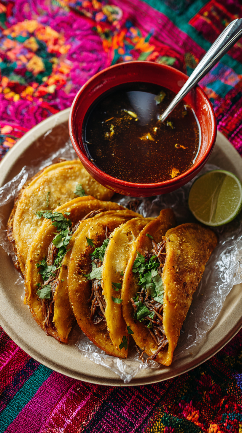 Overhead shot of three golden crispy birria tacos