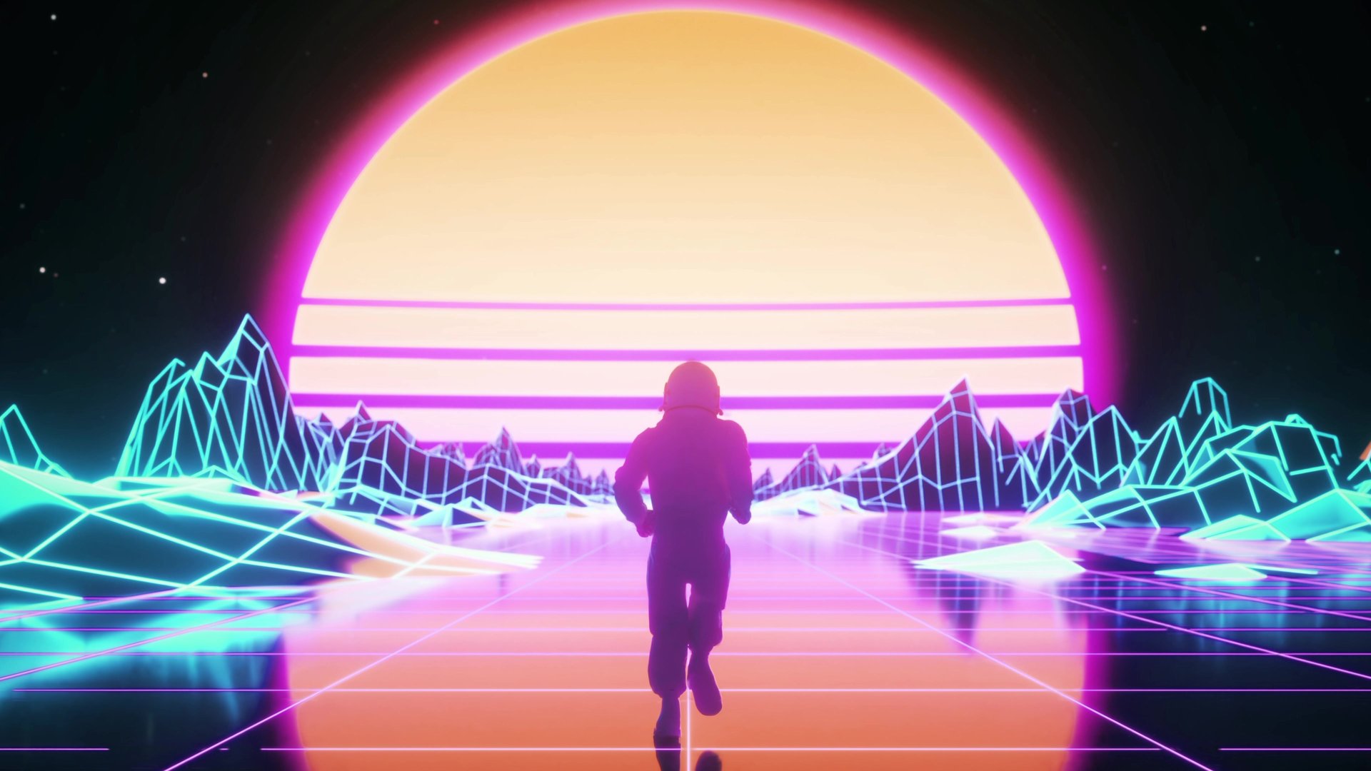 Astronaut runs surrounded by flashing neon lights. Music and nightclub concept. 3d illustration.