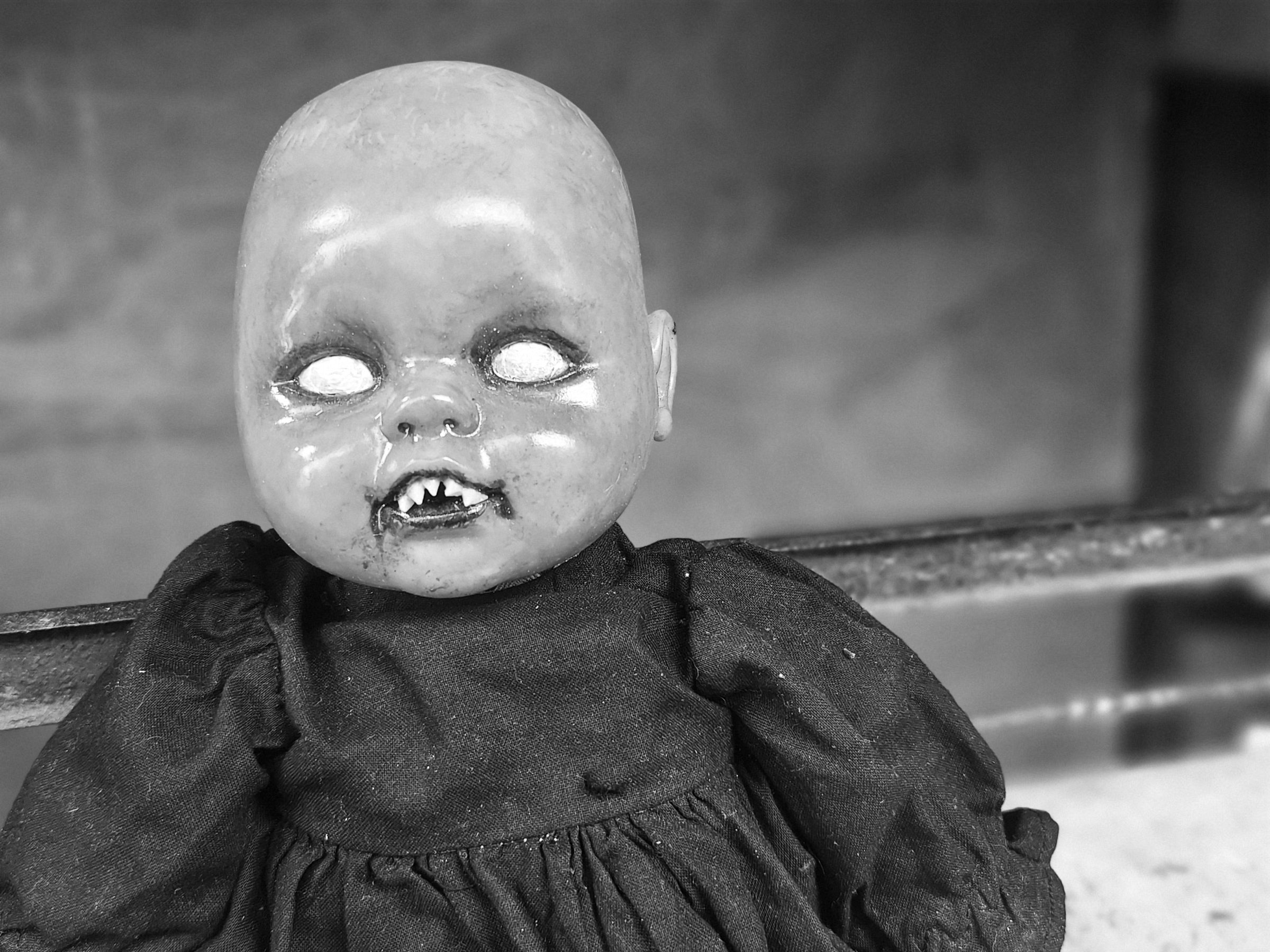 Scary horror vintage doll Creepy doll Halloween concept, Close up of Ghost doll mystic in abandoned places background