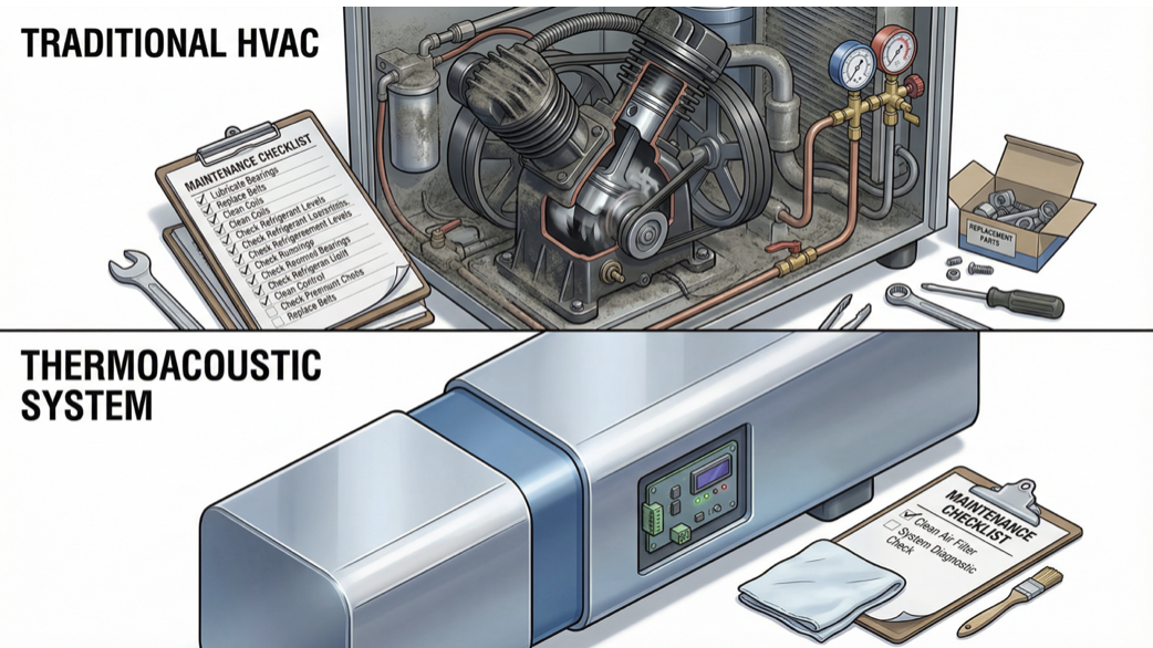 Quiet thermoacoustic cooling system in residential building