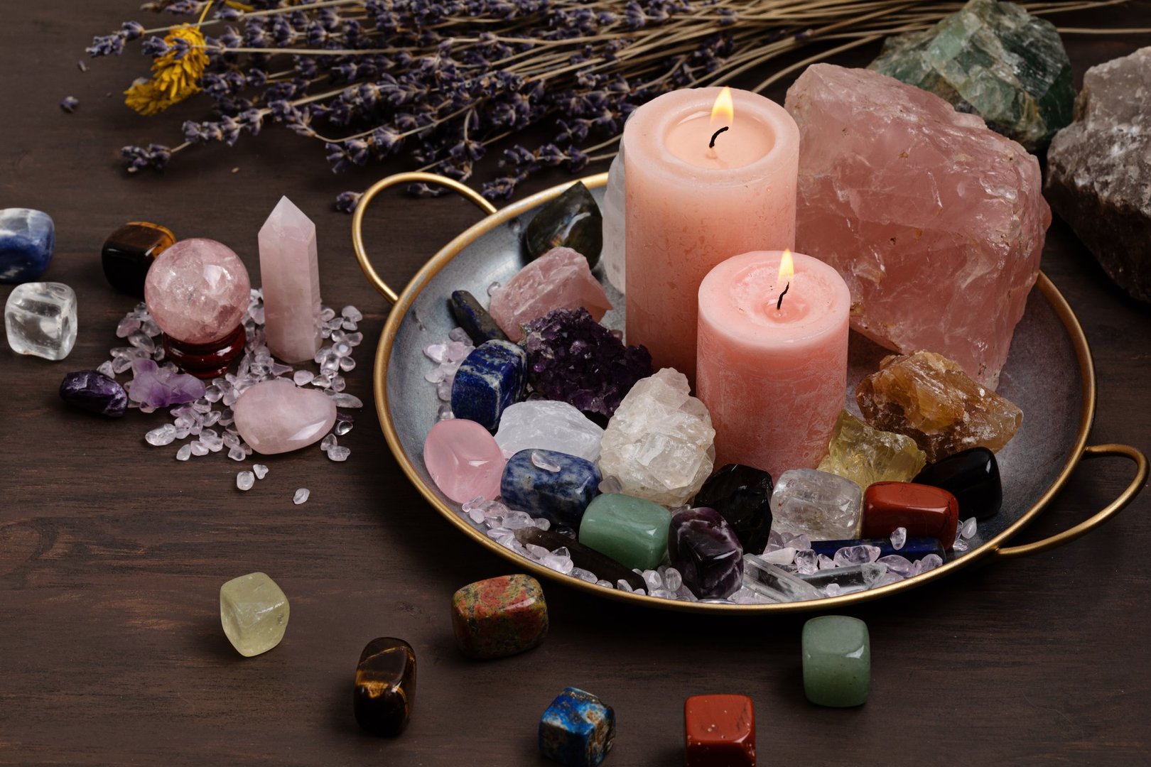 Healing reiki chakra crystals therapy. Rituals with gemstones and aromatherapy for wellbeing, meditation, destress, relaxation, mental health, spiritual practices. Energetical power concept