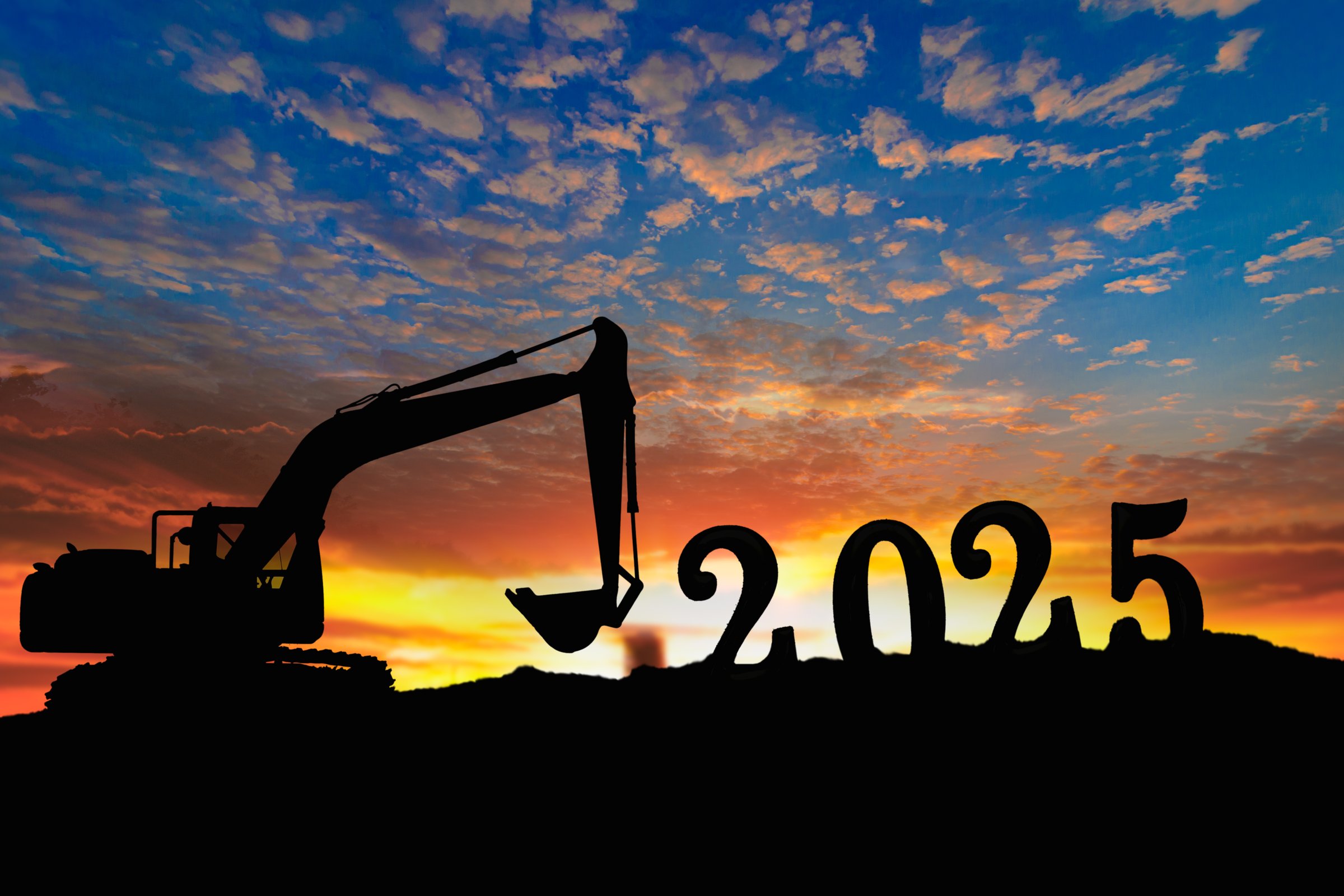 Concept happy new year 2025,crawler excavator silhouette with lift up bucket .On sunrise backgrounds