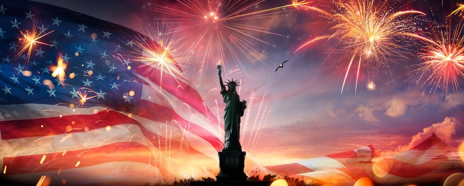 Independence Day Celebration - 4th July - Usa Flag With Fireworks And Statue of Liberty In Abstract Skyline