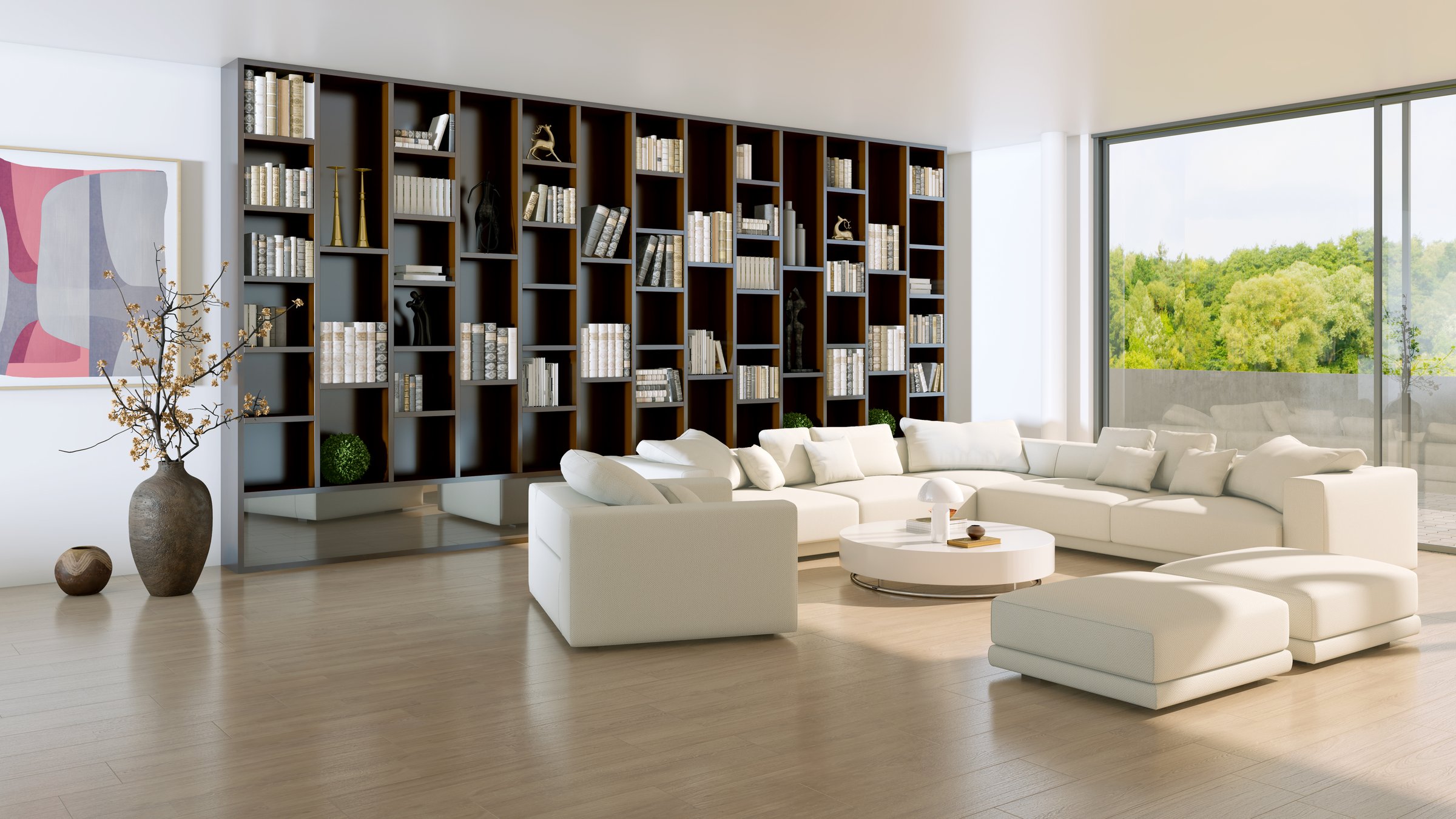 Large luxury modern bright interiors Living room mockup illustration 3D rendering image